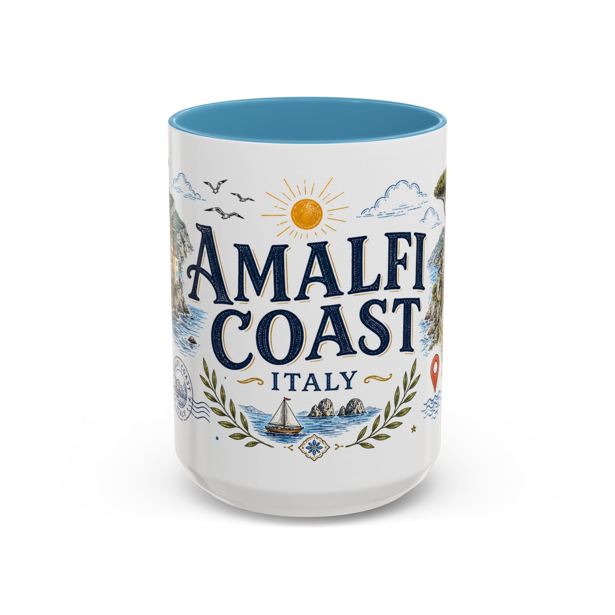 Amalfi Coast Coffee Mug | Travel Destination Souvenir Gift | Accent Color Ceramic 11oz 15oz