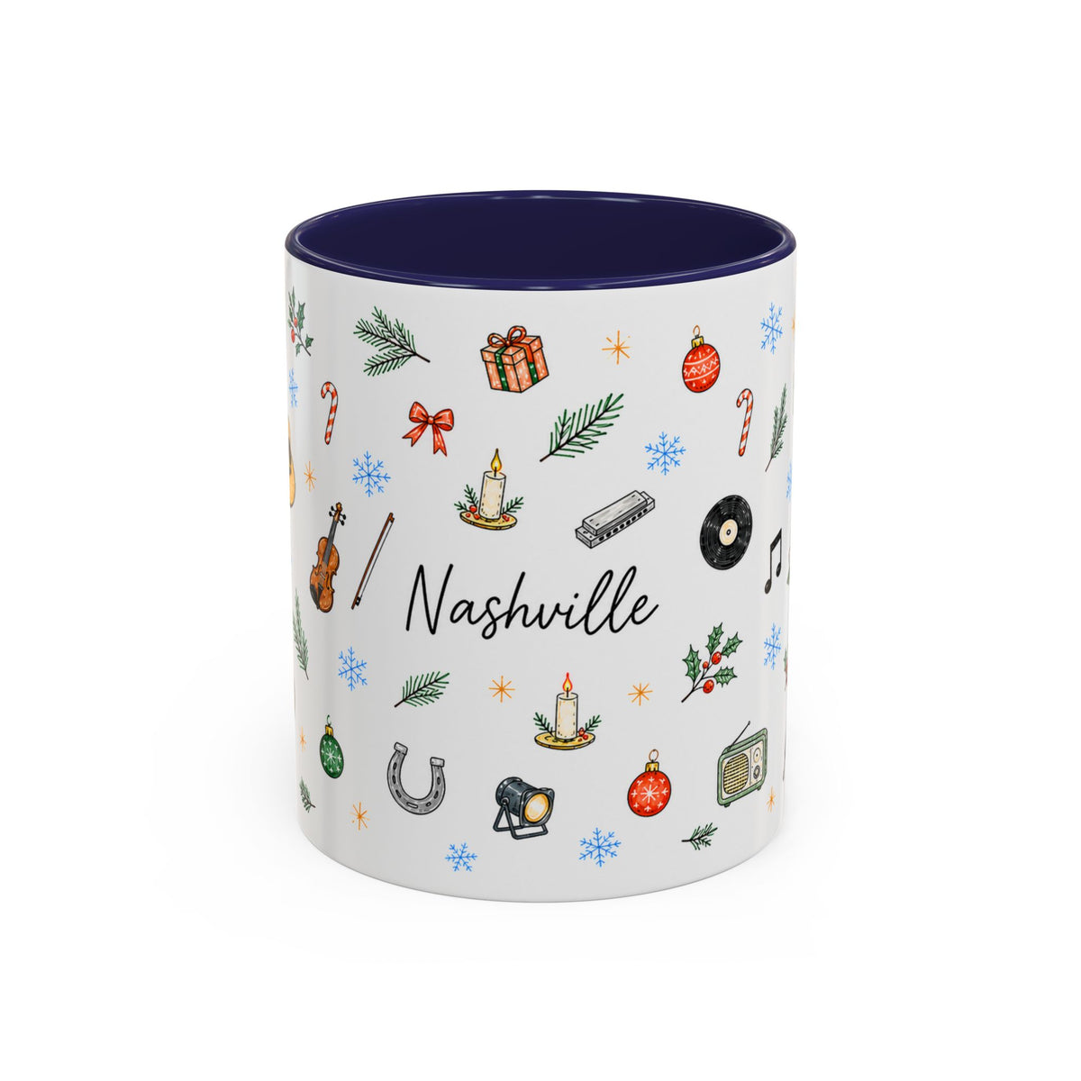 Nashville Christmas Mug | Watercolor City Souvenir, Acoustic Guitar, Harmonica (11oz 15oz)