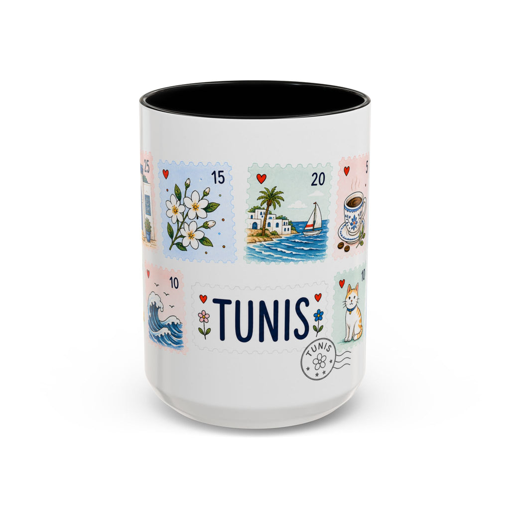 Tunis Coffee Mug | Postage Stamp Collage Mug | Travel Souvenir Accent Cup 11oz 15oz