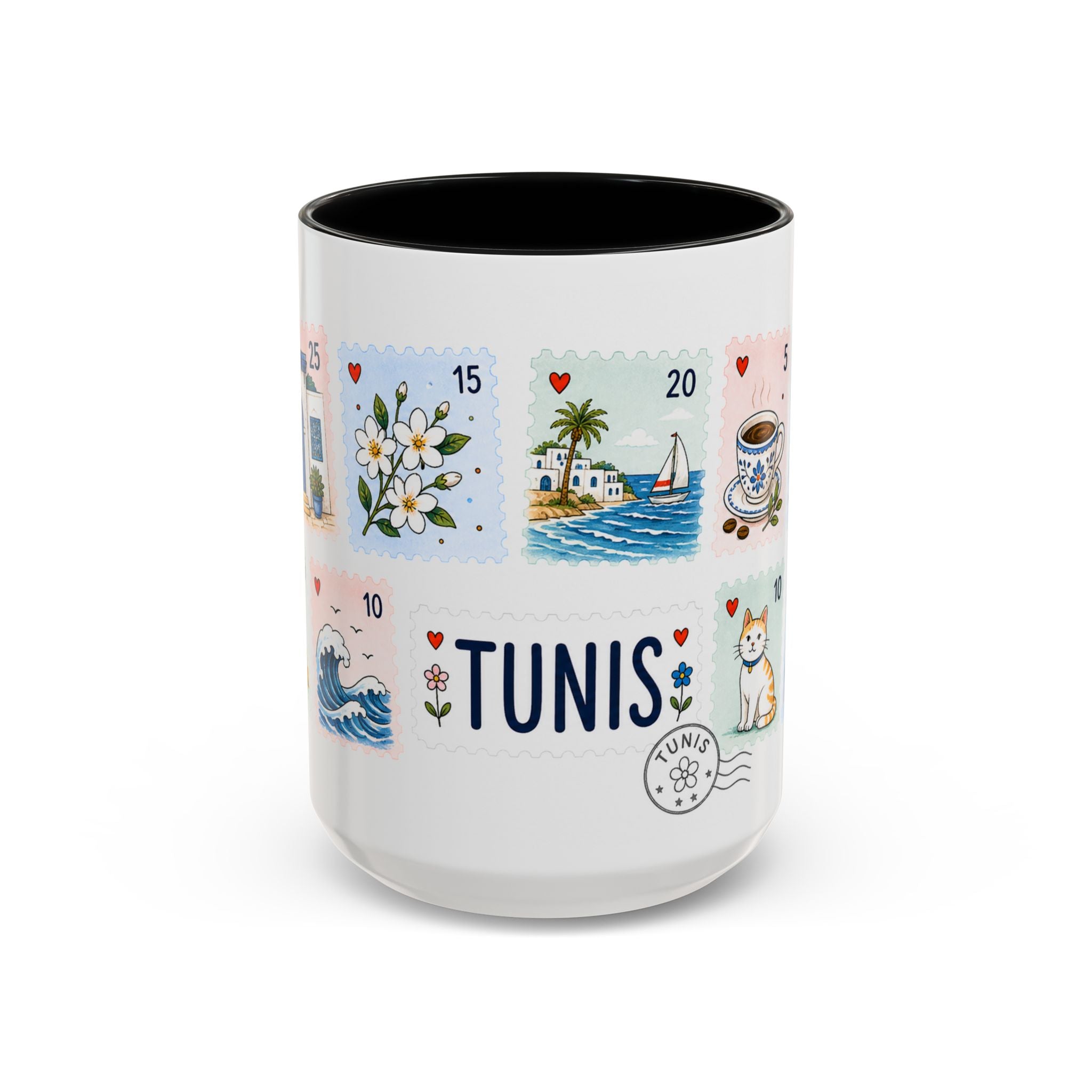 Tunis Coffee Mug | Postage Stamp Collage Mug | Travel Souvenir Accent Cup 11oz 15oz