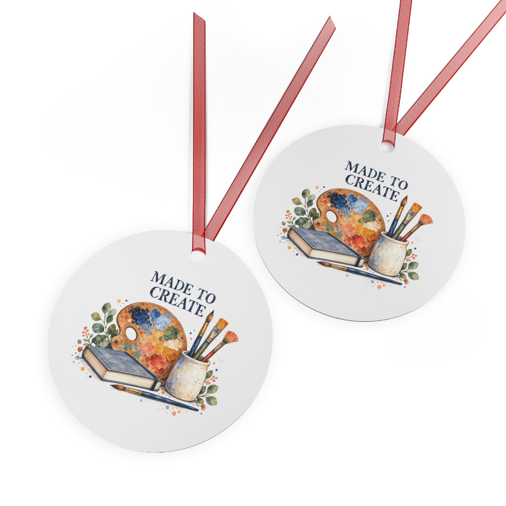 Front and back views of the double-sided round ornament with art teaching artwork.