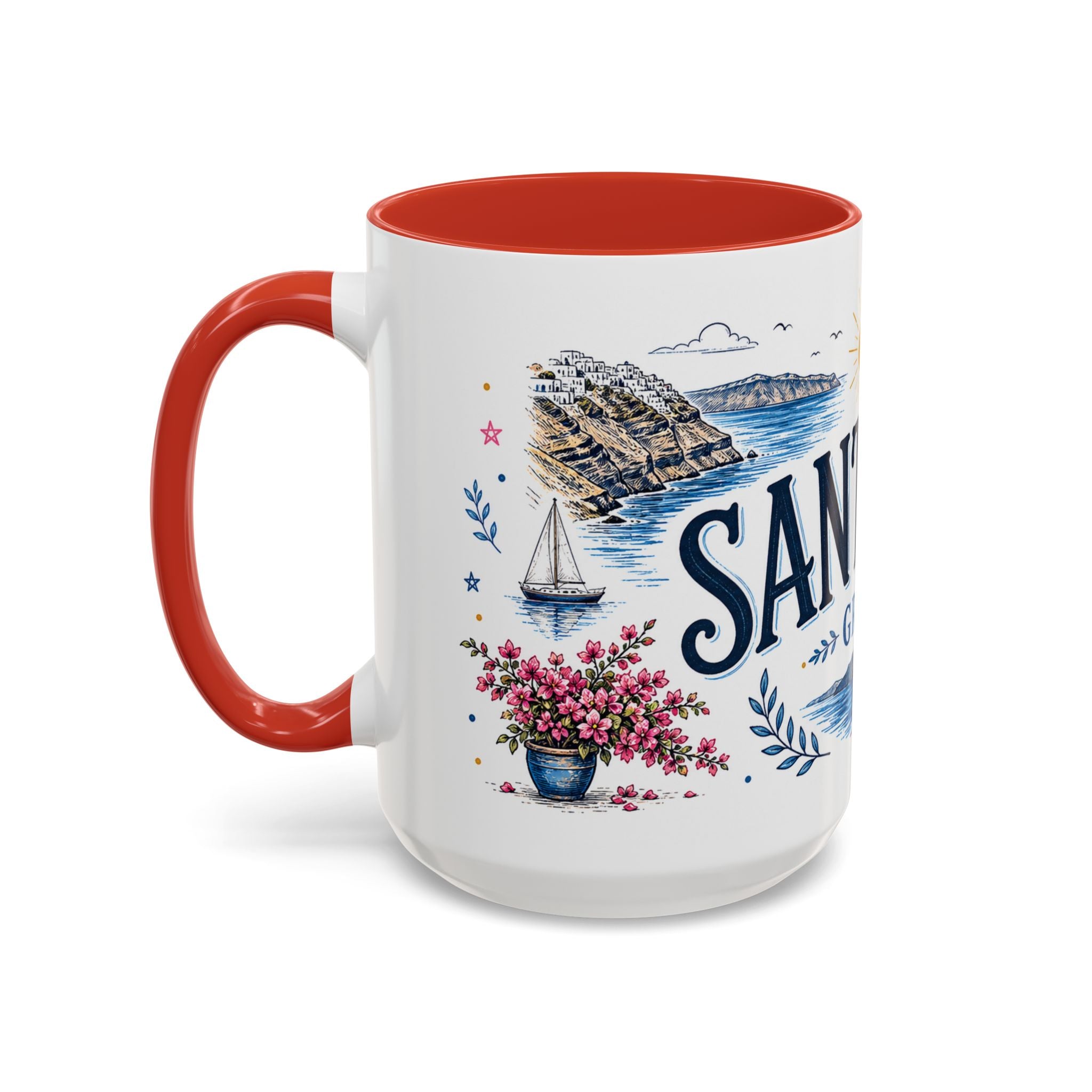 Santorini Coffee Mug | Travel Destination Souvenir Gift | Accent Color Ceramic 11oz 15oz