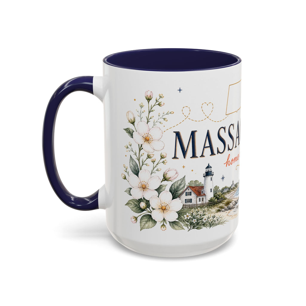 Massachusetts State Map Mug | Coastal Scene, Botanical Accents (11oz, 15oz)