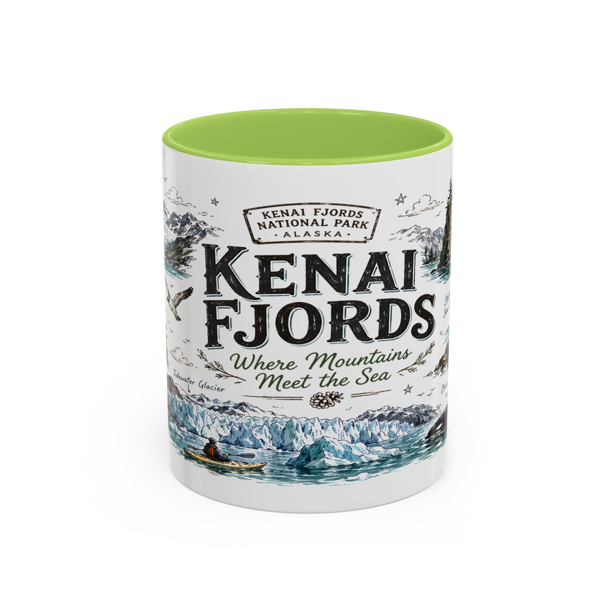 Kenai Fjords National Park Coffee Mug | Alaska Coastal Wildlife Hiking Gift | Accent Color Ceramic 11oz 15oz