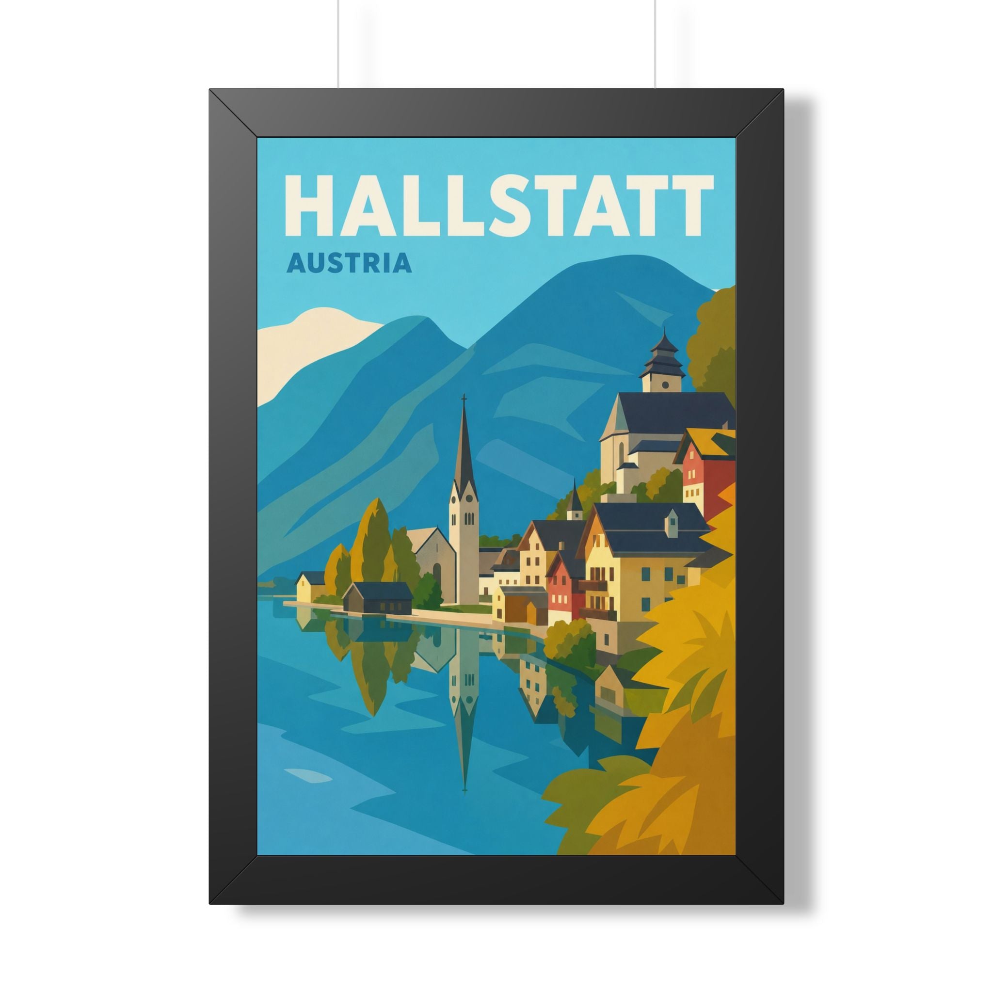 Hallstatt Austria Framed Poster | Vintage Travel Wall Art | Black Walnut White Frame | 16x24 20x30