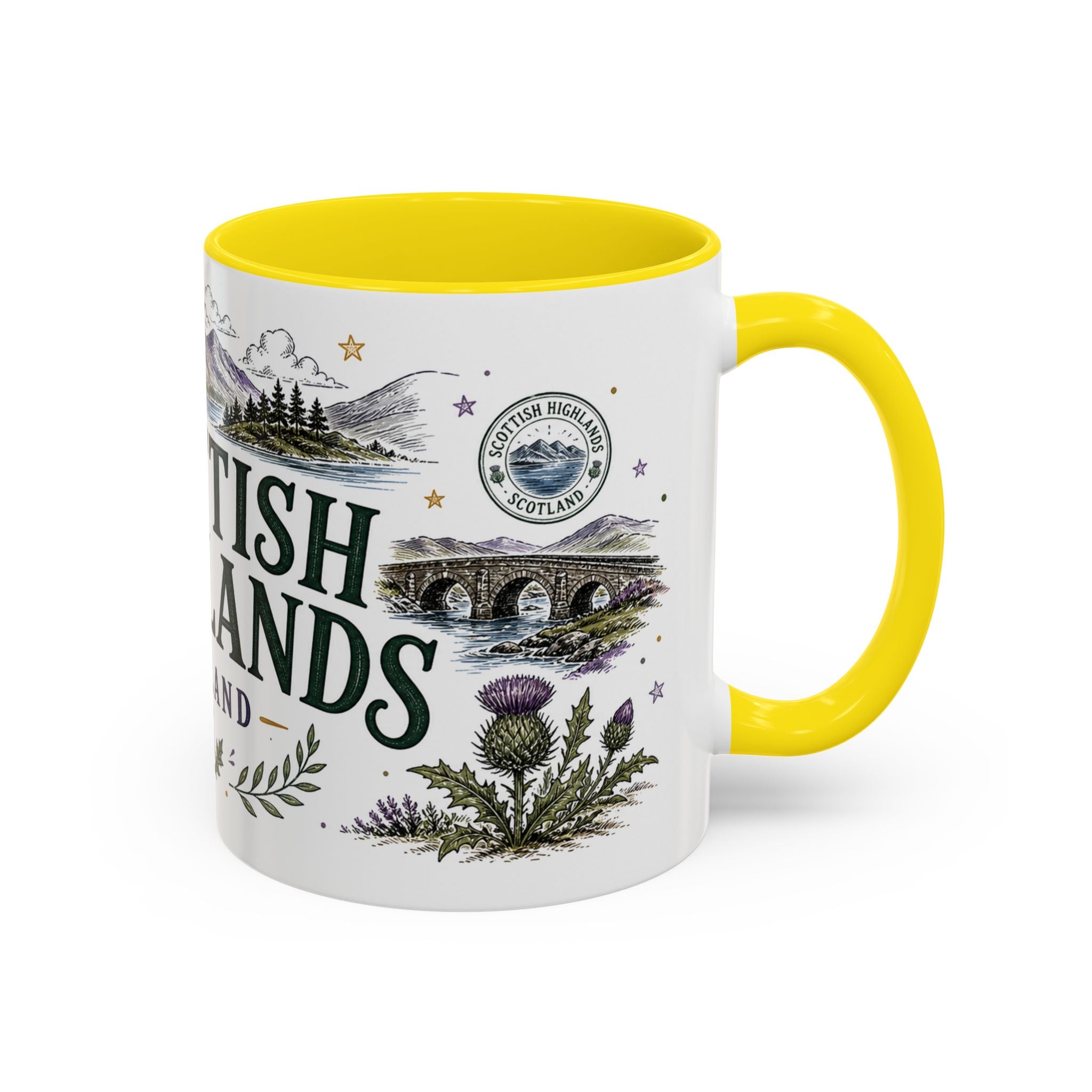 Scottish Highlands Coffee Mug | Travel Destination Souvenir Gift | Accent Color Ceramic 11oz 15oz