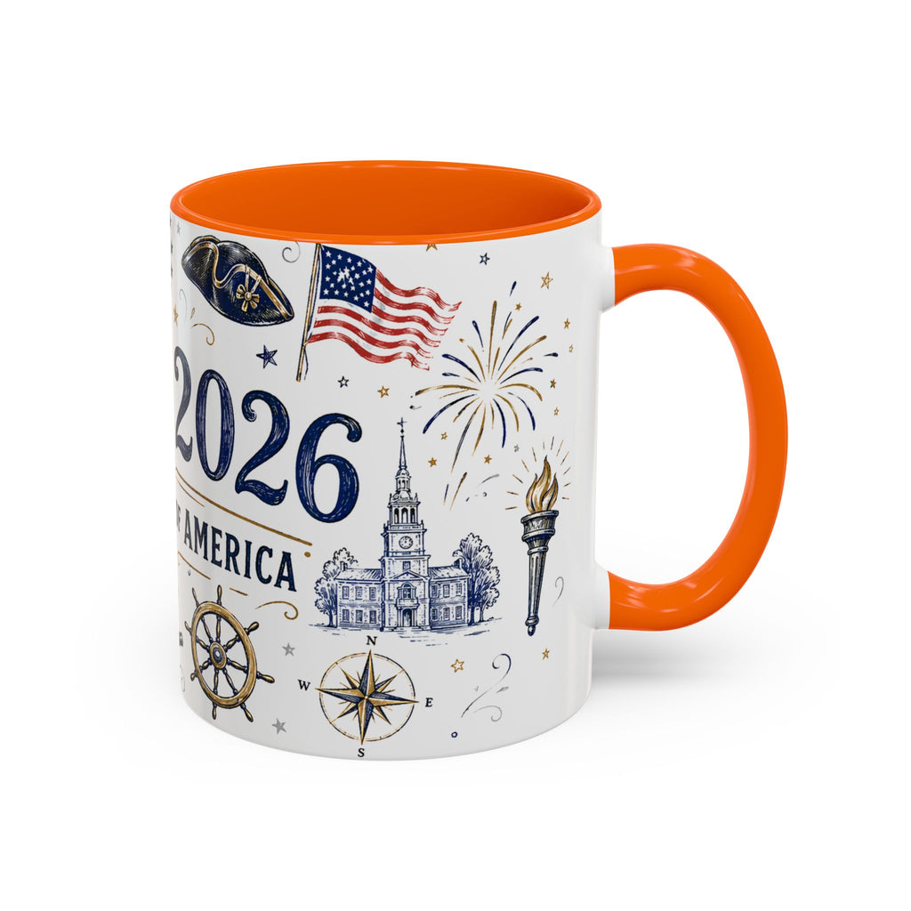 America 250 Coffee Mug | 1776-2026 Patriotic 4th of July Gift | Accent Color Ceramic 11oz 15oz