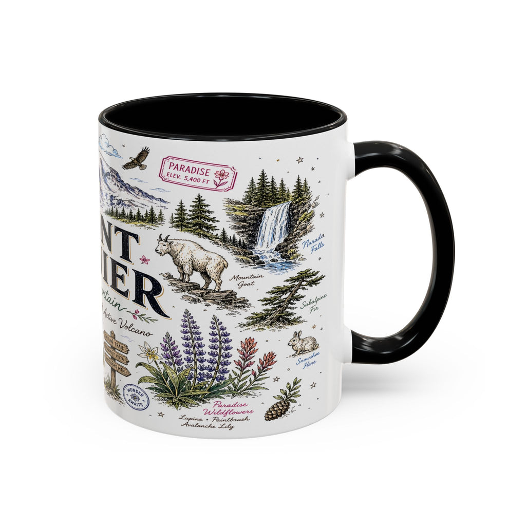 Mount Rainier Coffee Mug | National Park Hiking Washington Gift | Accent Color Ceramic 11oz 15oz