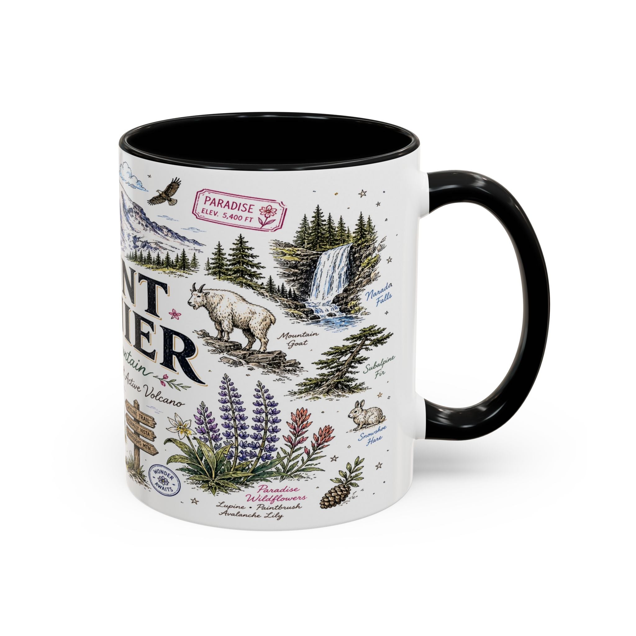 Mount Rainier Coffee Mug | National Park Hiking Washington Gift | Accent Color Ceramic 11oz 15oz