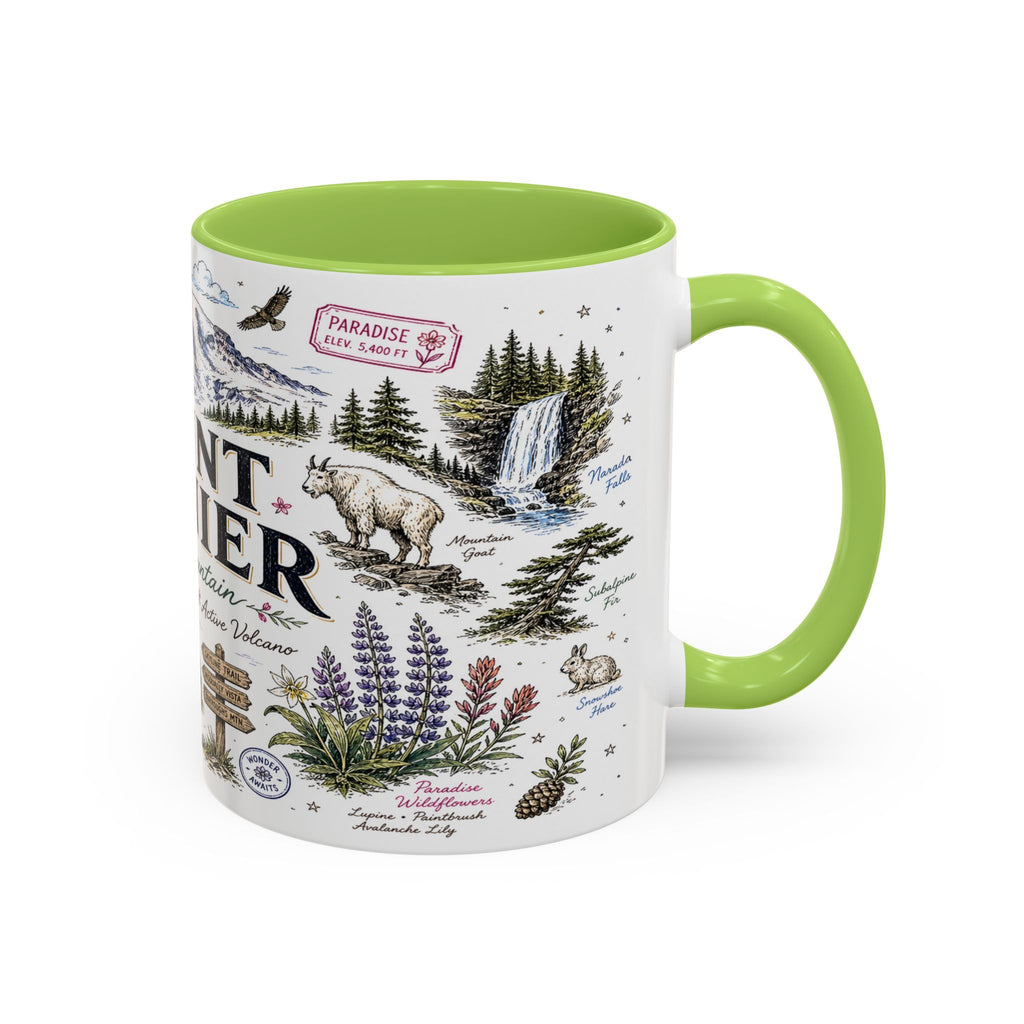 Mount Rainier Coffee Mug | National Park Hiking Washington Gift | Accent Color Ceramic 11oz 15oz