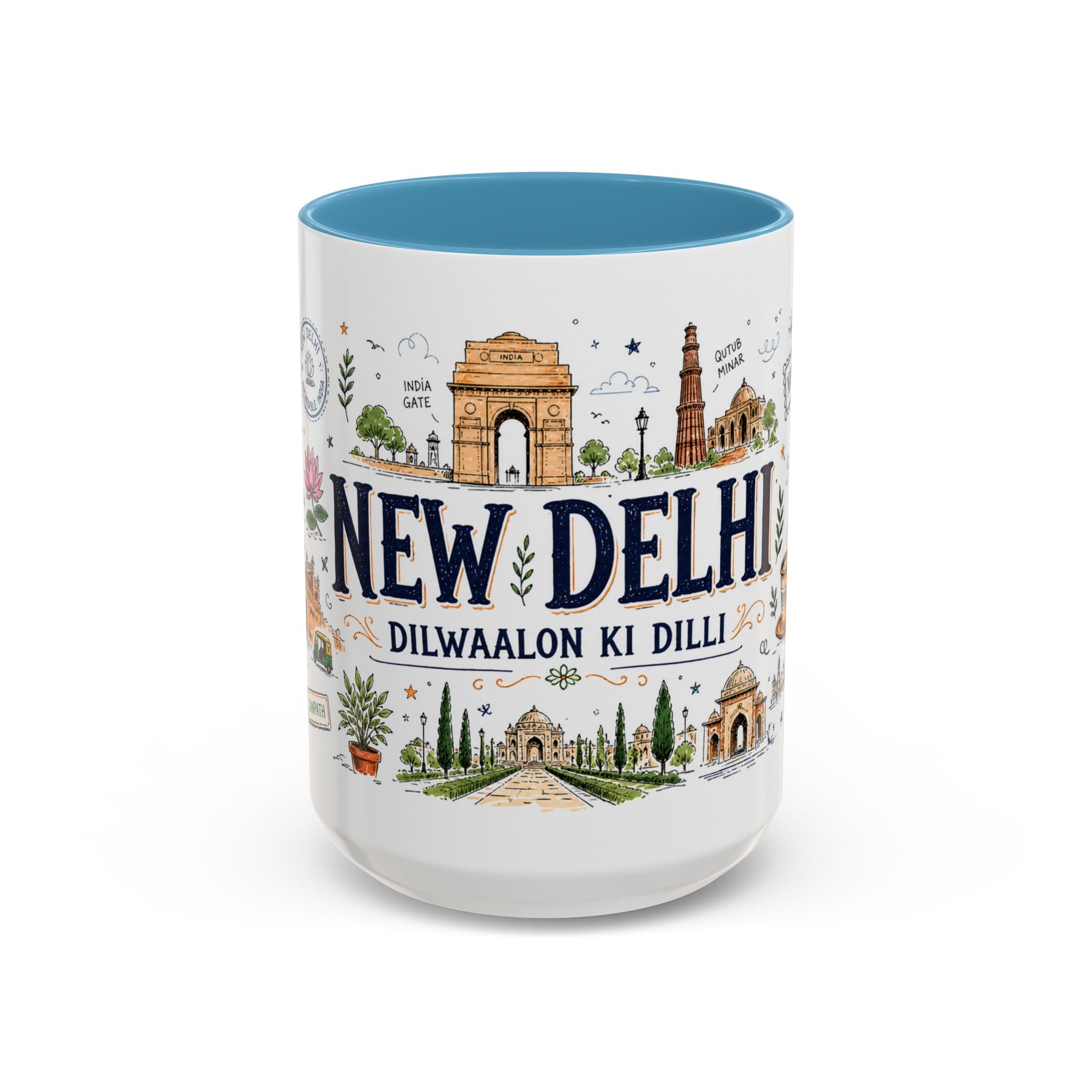 New Delhi Coffee Mug | India Souvenir Travel Gift | Accent Color Ceramic 11oz 15oz