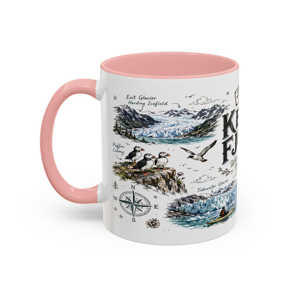 Kenai Fjords National Park Coffee Mug | Alaska Coastal Wildlife Hiking Gift | Accent Color Ceramic 11oz 15oz