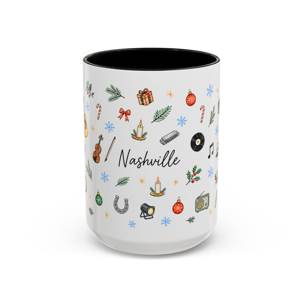 Nashville Christmas Mug | Watercolor City Souvenir, Acoustic Guitar, Harmonica (11oz 15oz)