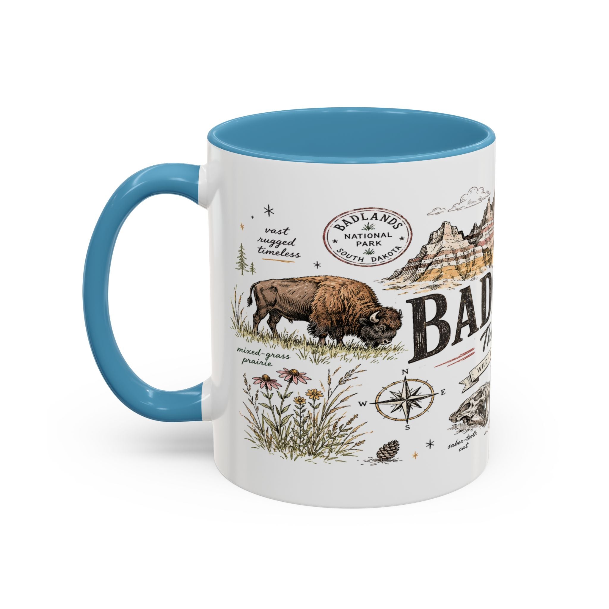 Badlands National Park Coffee Mug | South Dakota Prairie Fossil Hiking Gift | Accent Color Ceramic 11oz 15oz