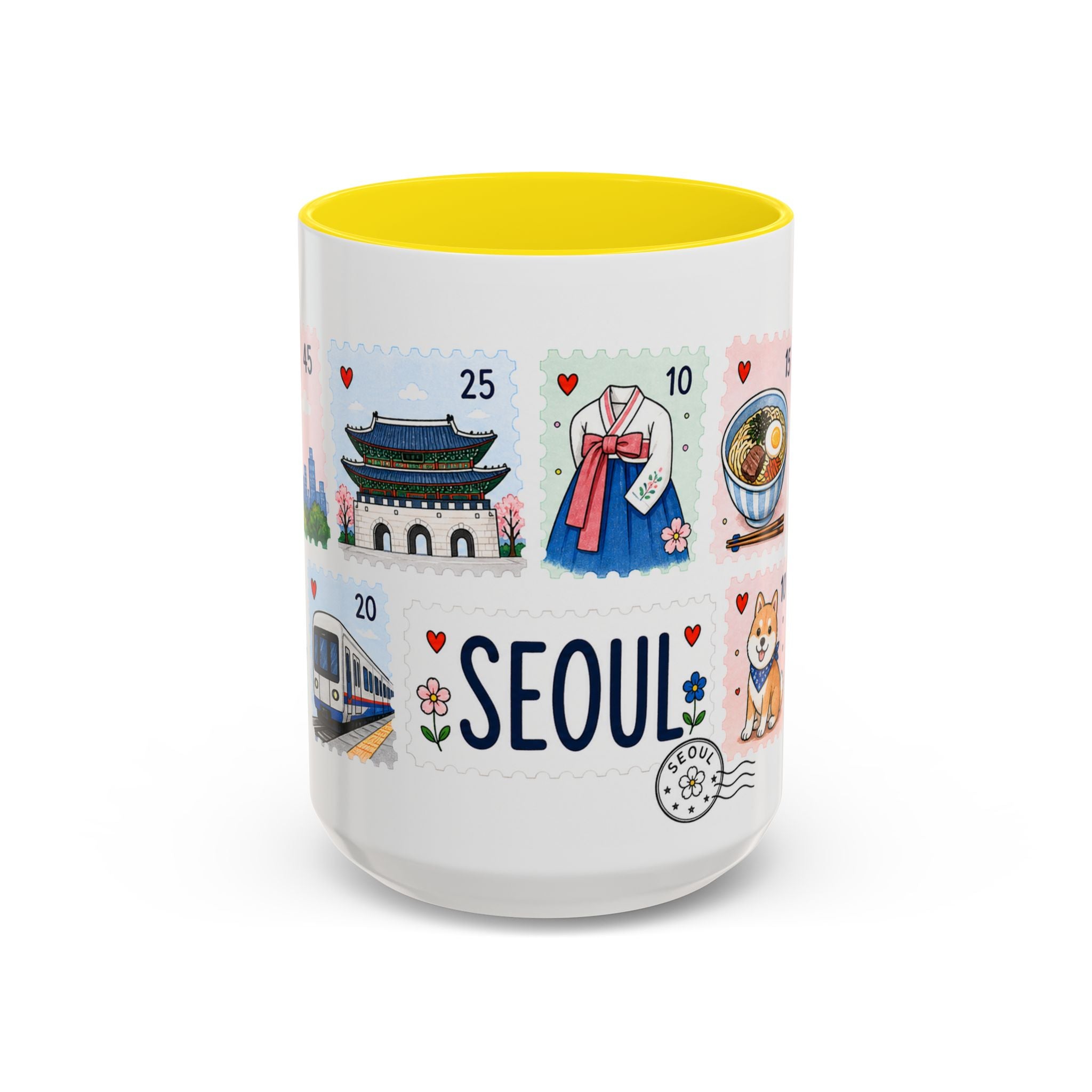 Seoul Coffee Mug | Postage Stamp Collage Mug | Travel Souvenir Accent Cup 11oz 15oz