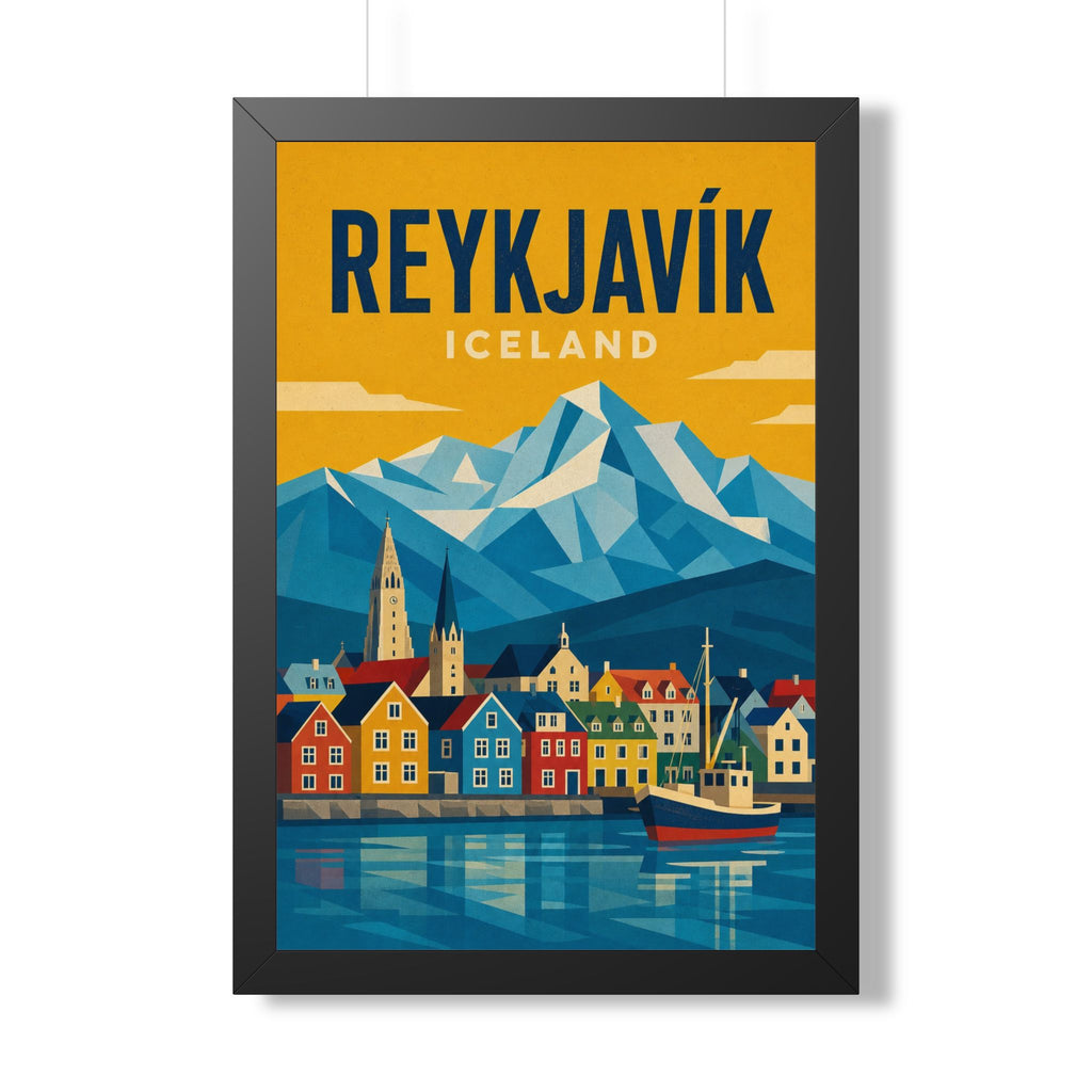Reykjavík Iceland Framed Poster | Vintage Travel Wall Art | Black Walnut White Frame | 16x24 20x30