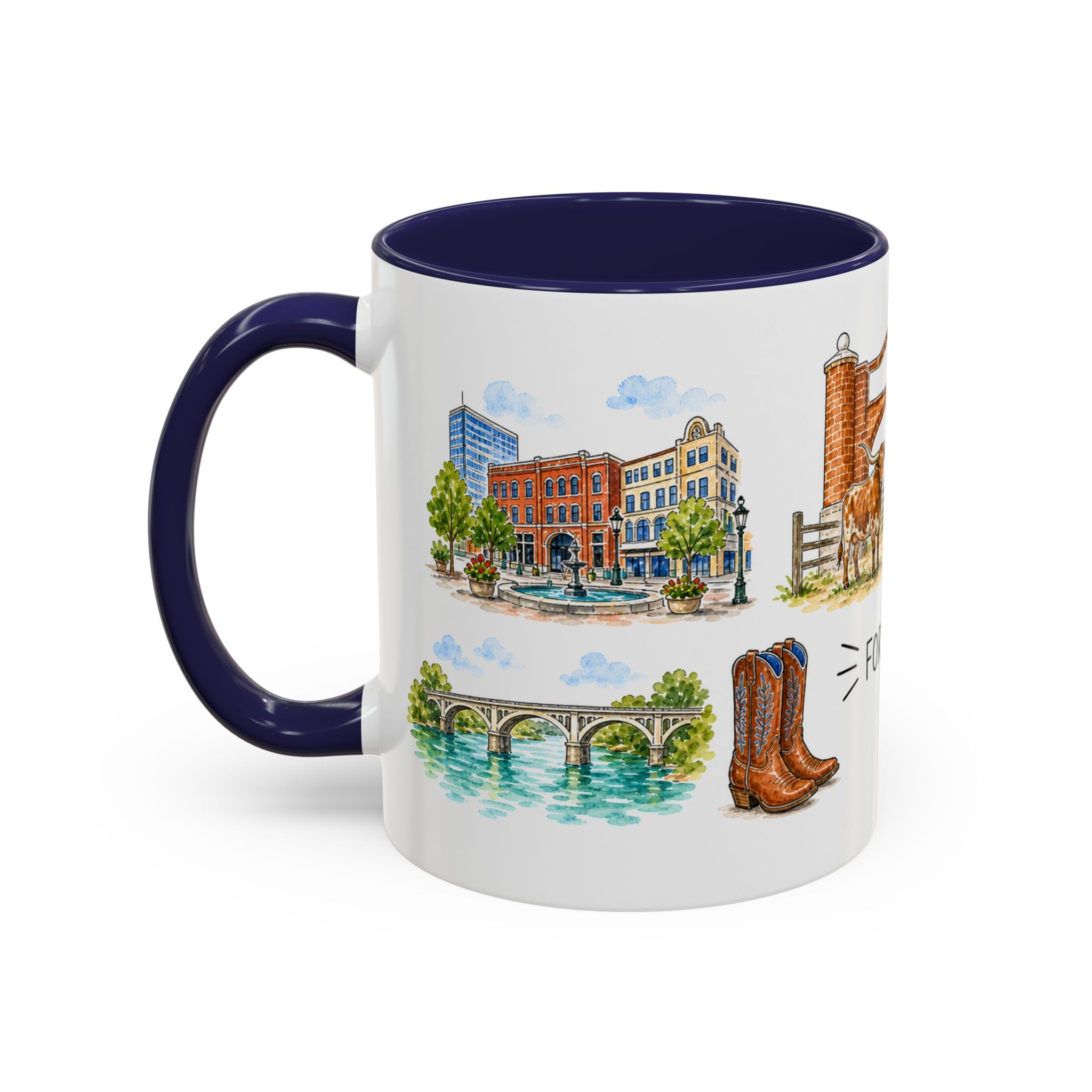 Fort Worth Illustrated Travel Mug | City Souvenir Accent Coffee Mug | 11oz 15oz Ceramic Cup