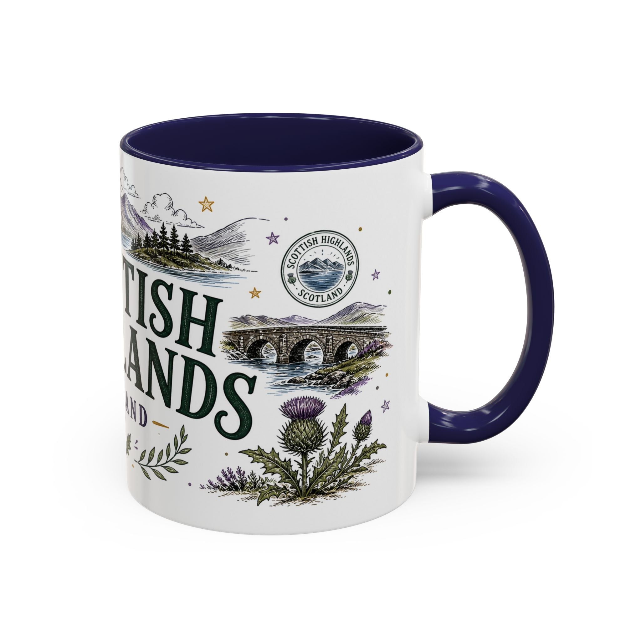 Scottish Highlands Coffee Mug | Travel Destination Souvenir Gift | Accent Color Ceramic 11oz 15oz