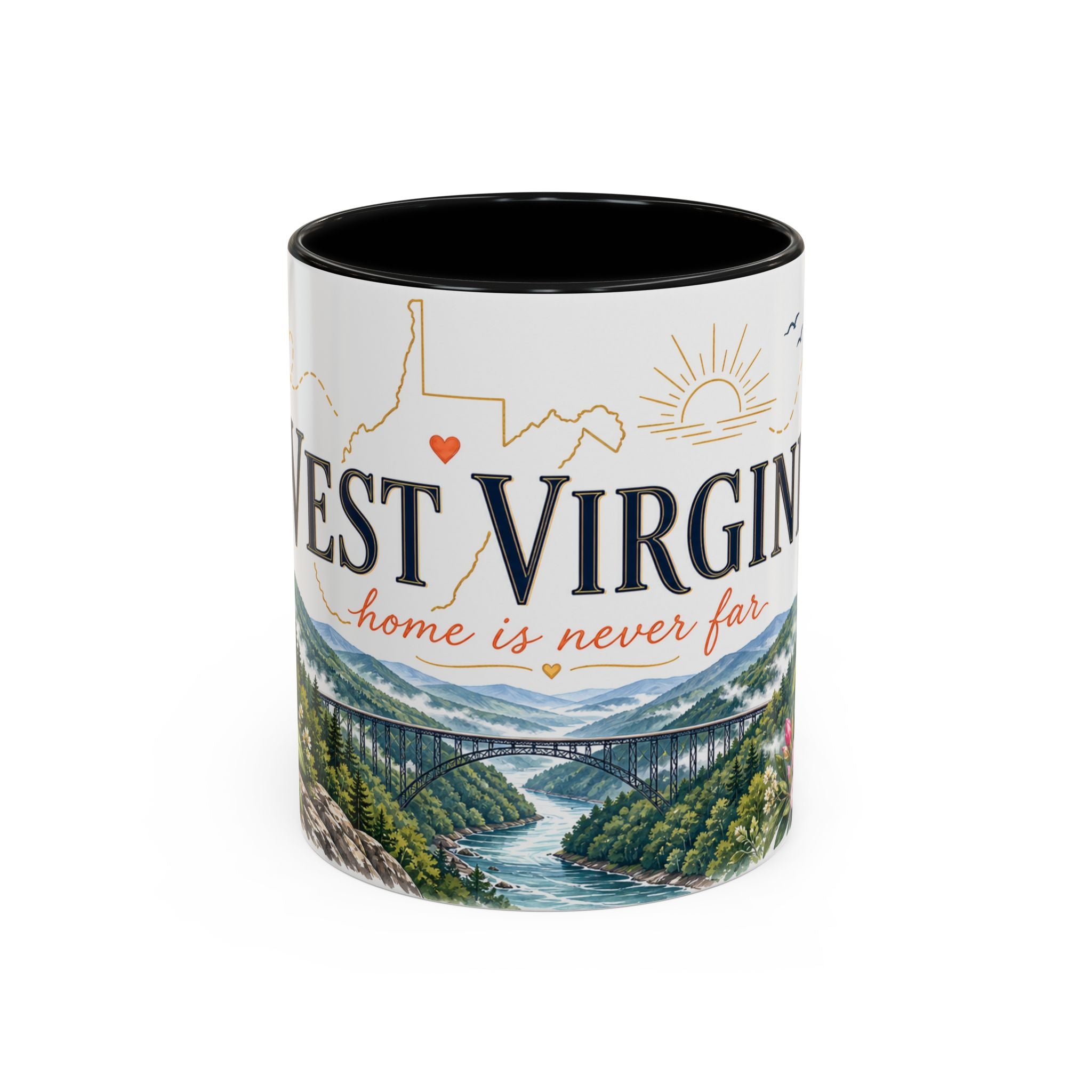 West Virginia State Map Mug | Appalachian Bridge, Rhododendron Accent Coffee Cup