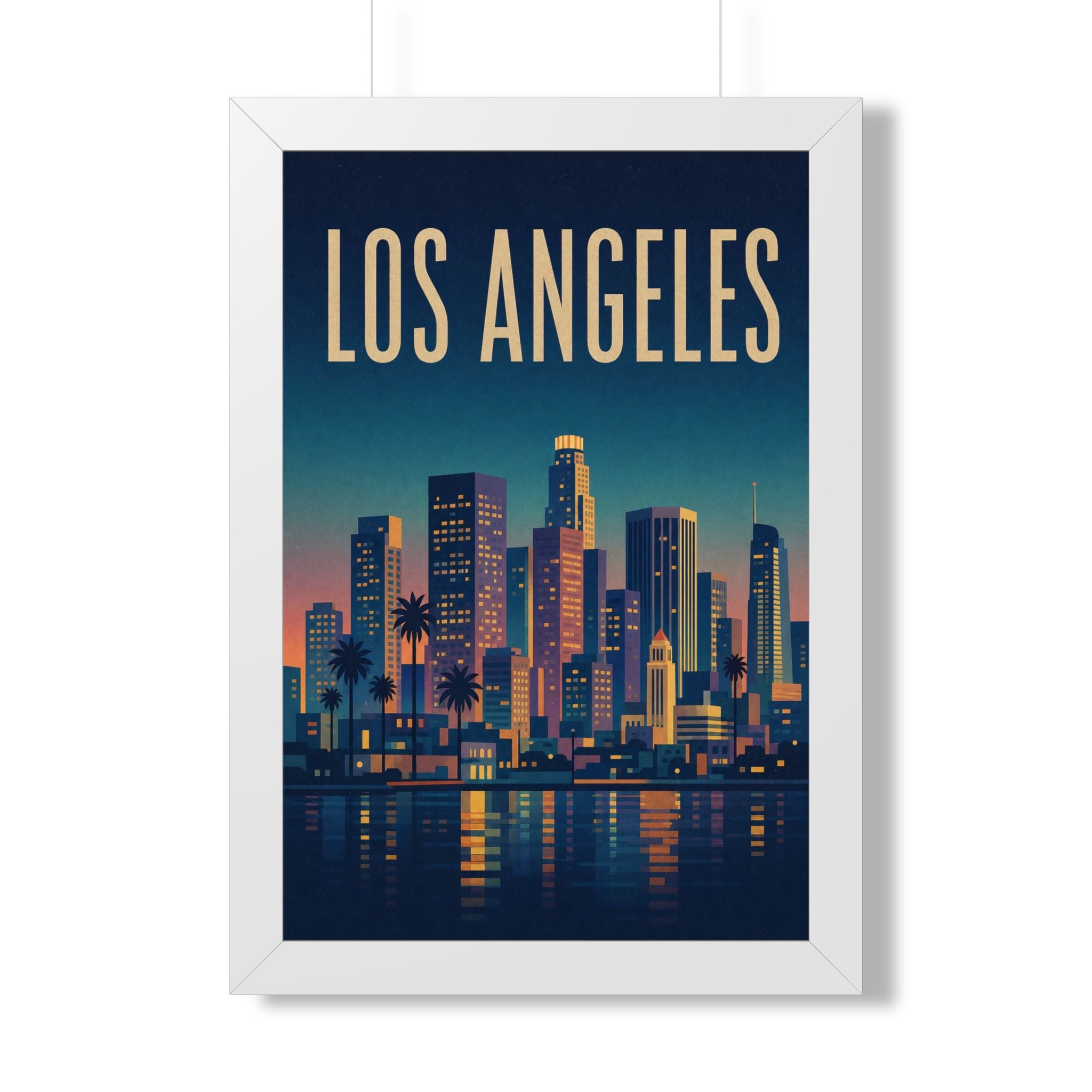 Los Angeles at Night United States Framed Poster | Vintage Travel Wall Art | Black Walnut White Frame | 16x24 20x30