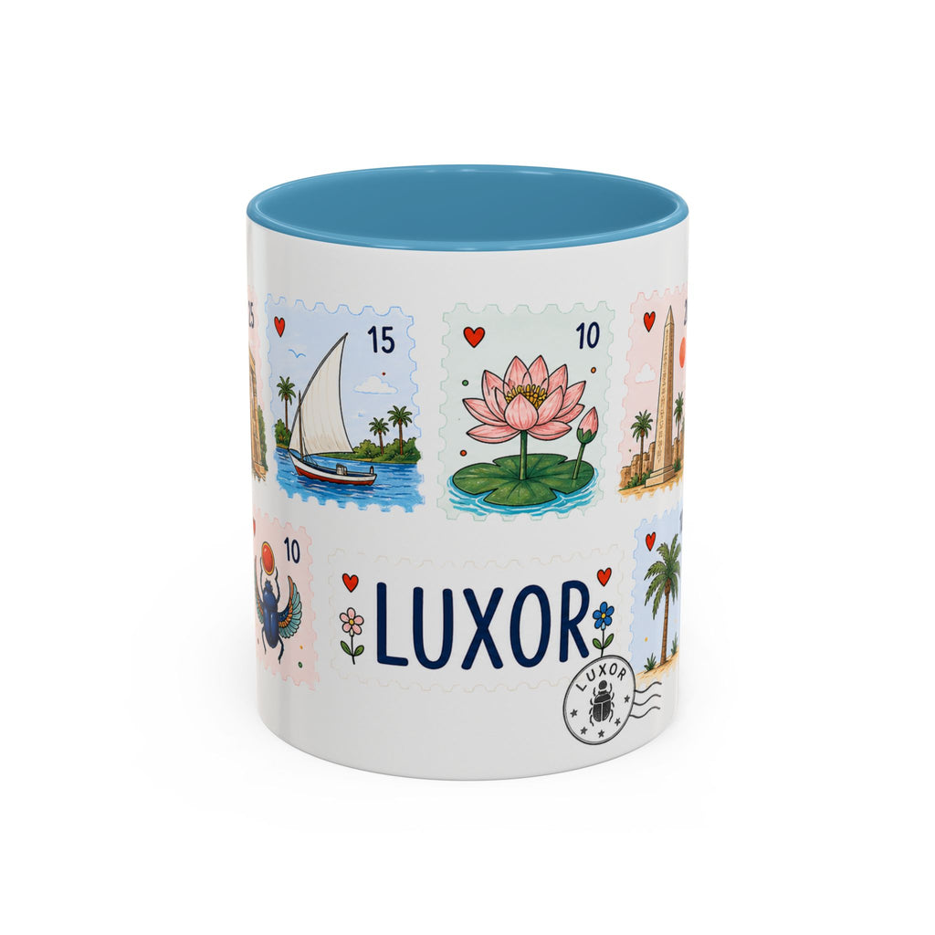 Luxor Coffee Mug | Postage Stamp Collage Mug | Travel Souvenir Accent Cup 11oz 15oz