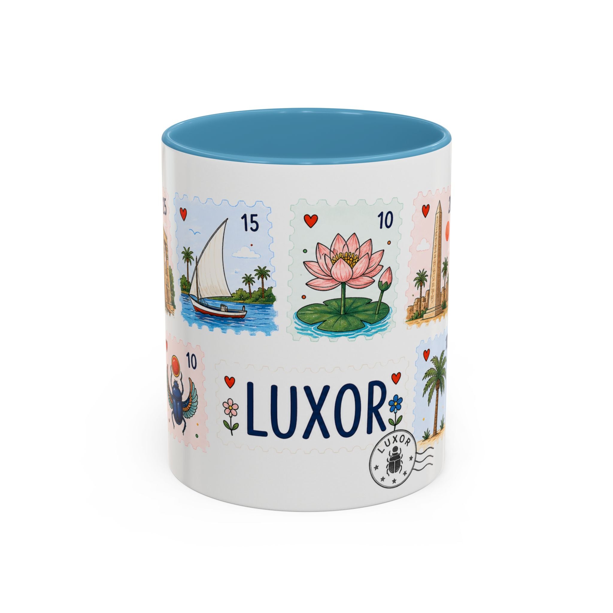 Luxor Coffee Mug | Postage Stamp Collage Mug | Travel Souvenir Accent Cup 11oz 15oz