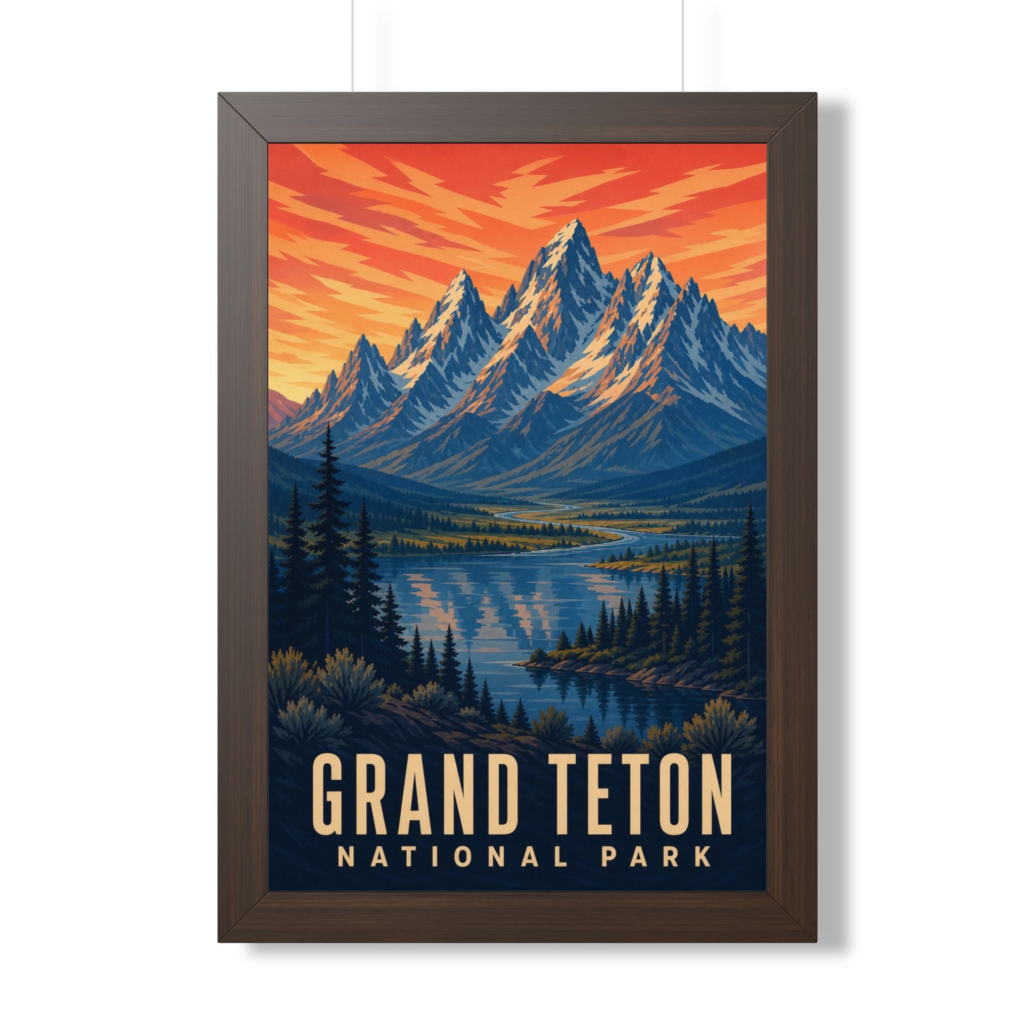 Grand Teton National Park Framed Poster | Vintage Travel Wall Art | Black Walnut White Frame | 16x24 20x30