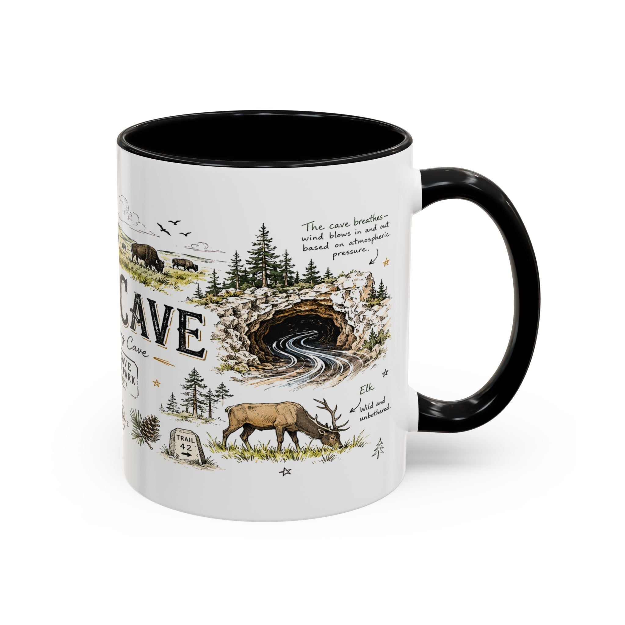 Wind Cave National Park Coffee Mug | South Dakota Cave Bison Prairie Gift | Accent Color Ceramic 11oz 15oz