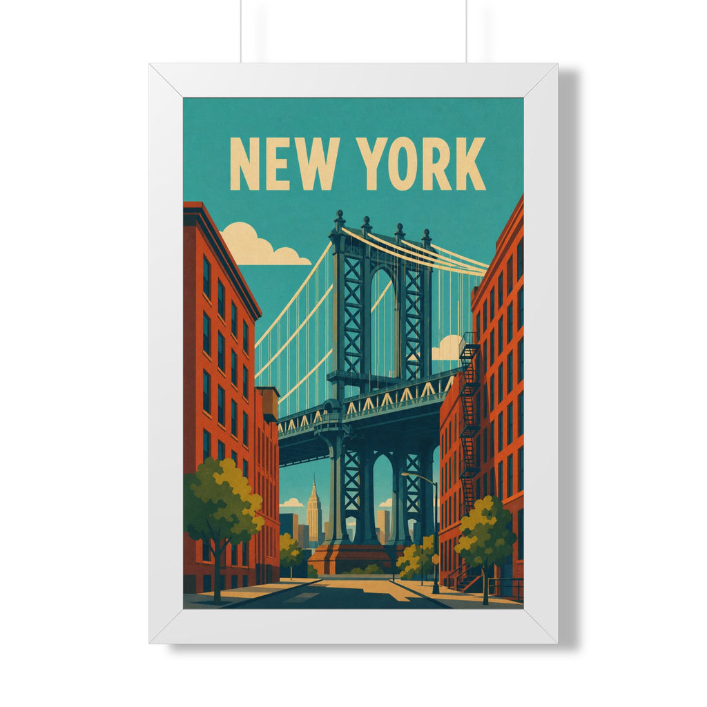 Manhattan Bridge New York United States Framed Poster | Vintage Travel Wall Art | Black Walnut White Frame | 16x24 20x30