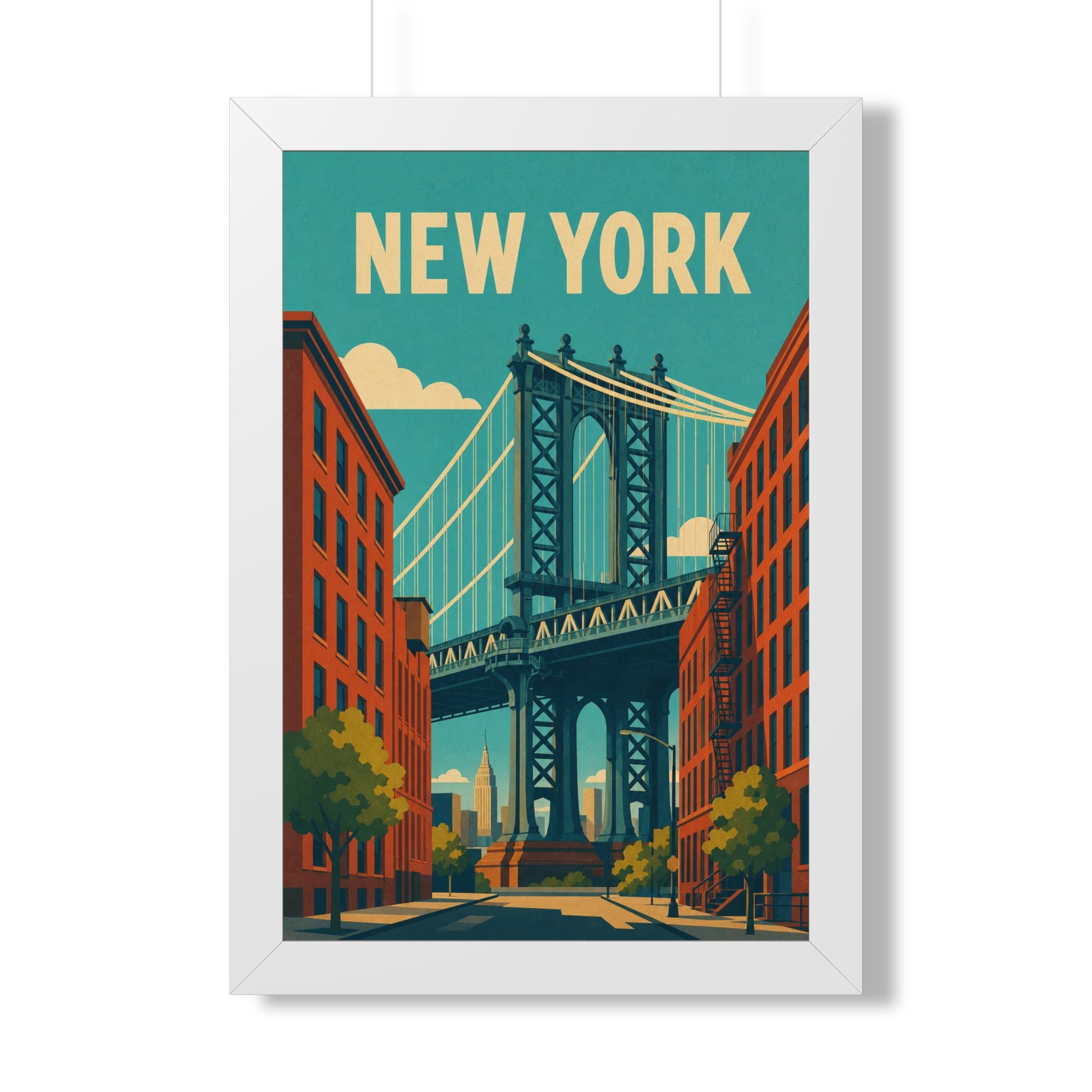 Manhattan Bridge New York United States Framed Poster | Vintage Travel Wall Art | Black Walnut White Frame | 16x24 20x30
