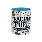 Teacher Fuel Coffee Mug | Powered by Coffee and Wine Funny Gift | Accent Color Ceramic 11oz 15oz