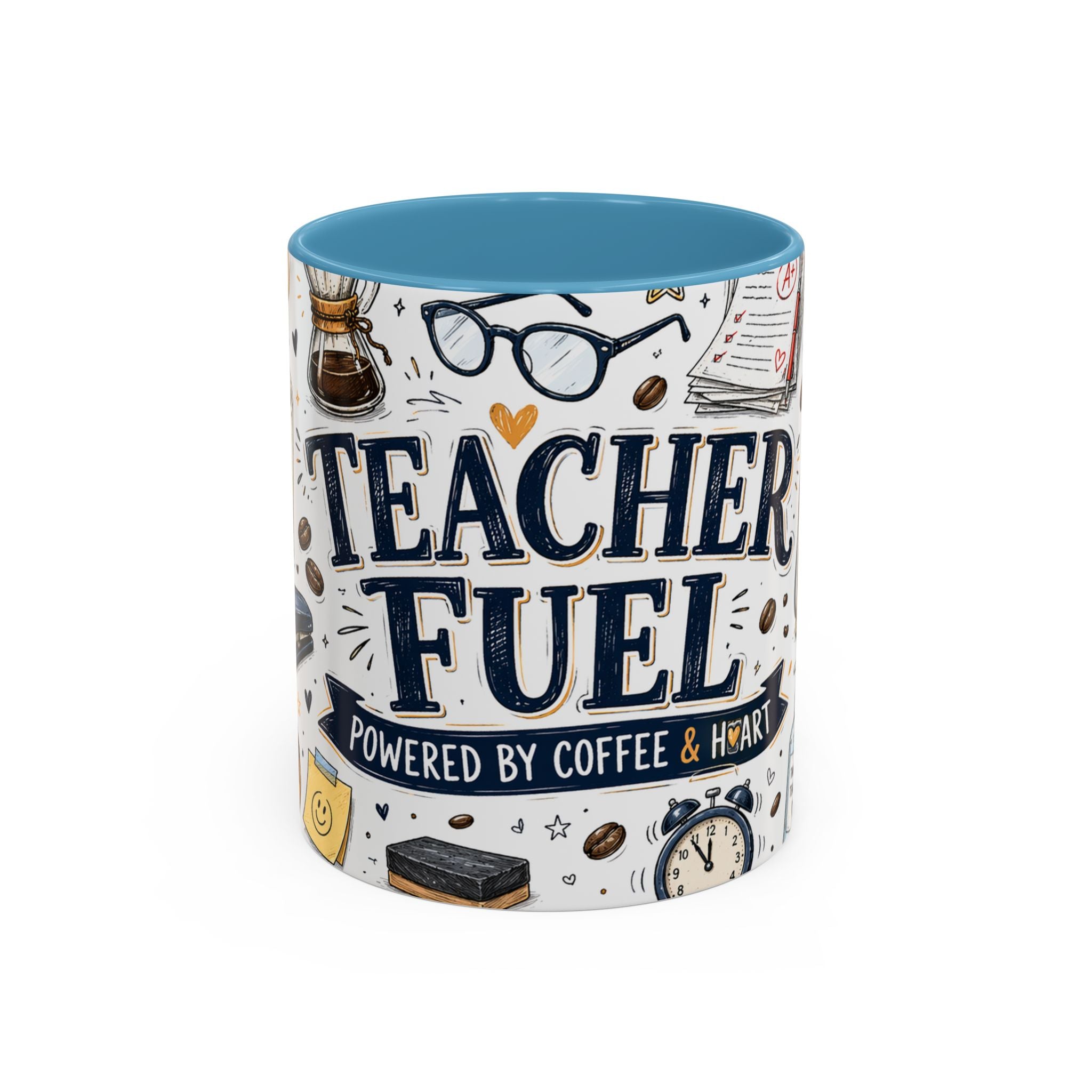 Teacher Fuel Coffee Mug | Powered by Coffee and Wine Funny Gift | Accent Color Ceramic 11oz 15oz