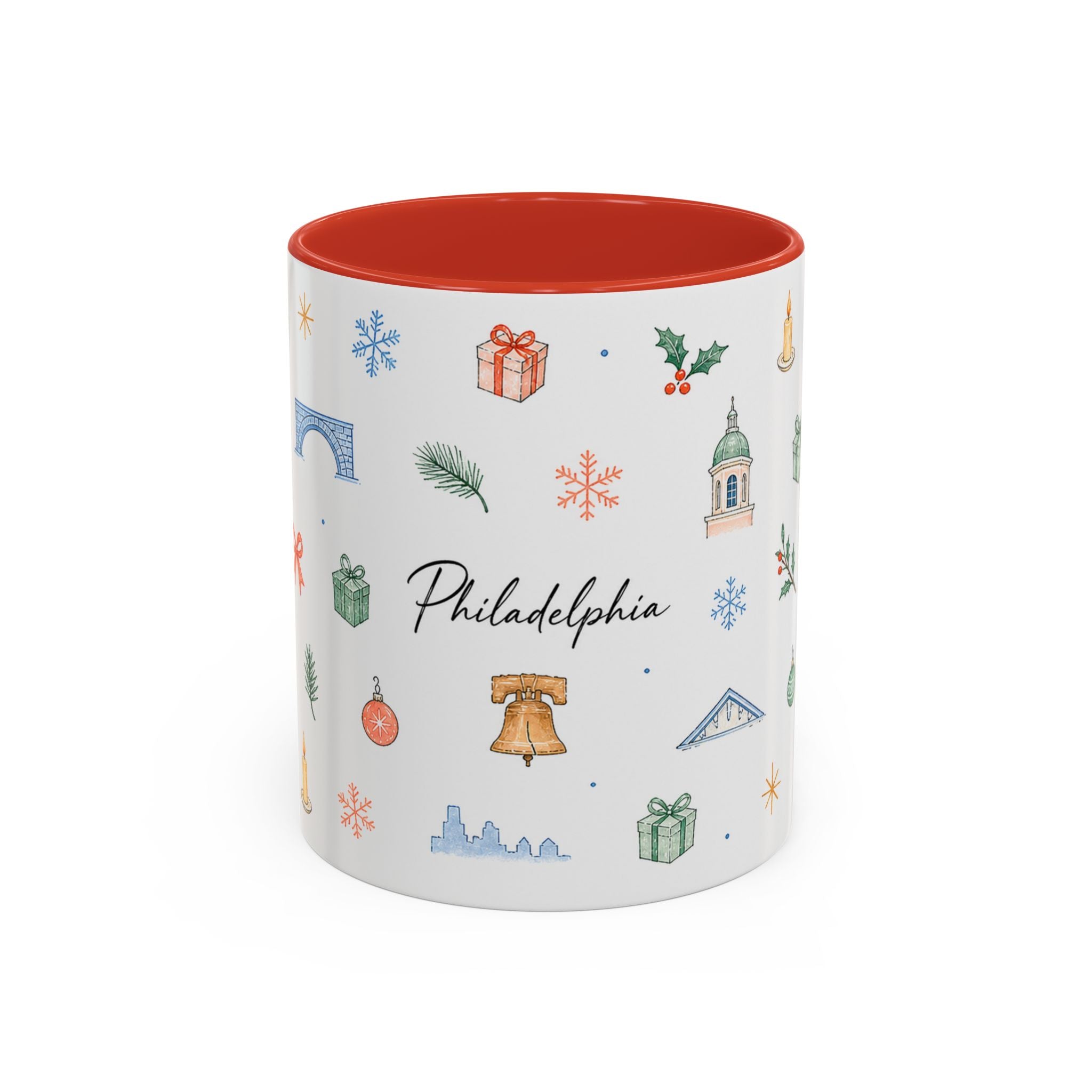 Philadelphia Christmas Mug | Watercolor Travel Souvenir | Holiday Gift | Accent Ceramic Coffee Cup 11oz 15oz