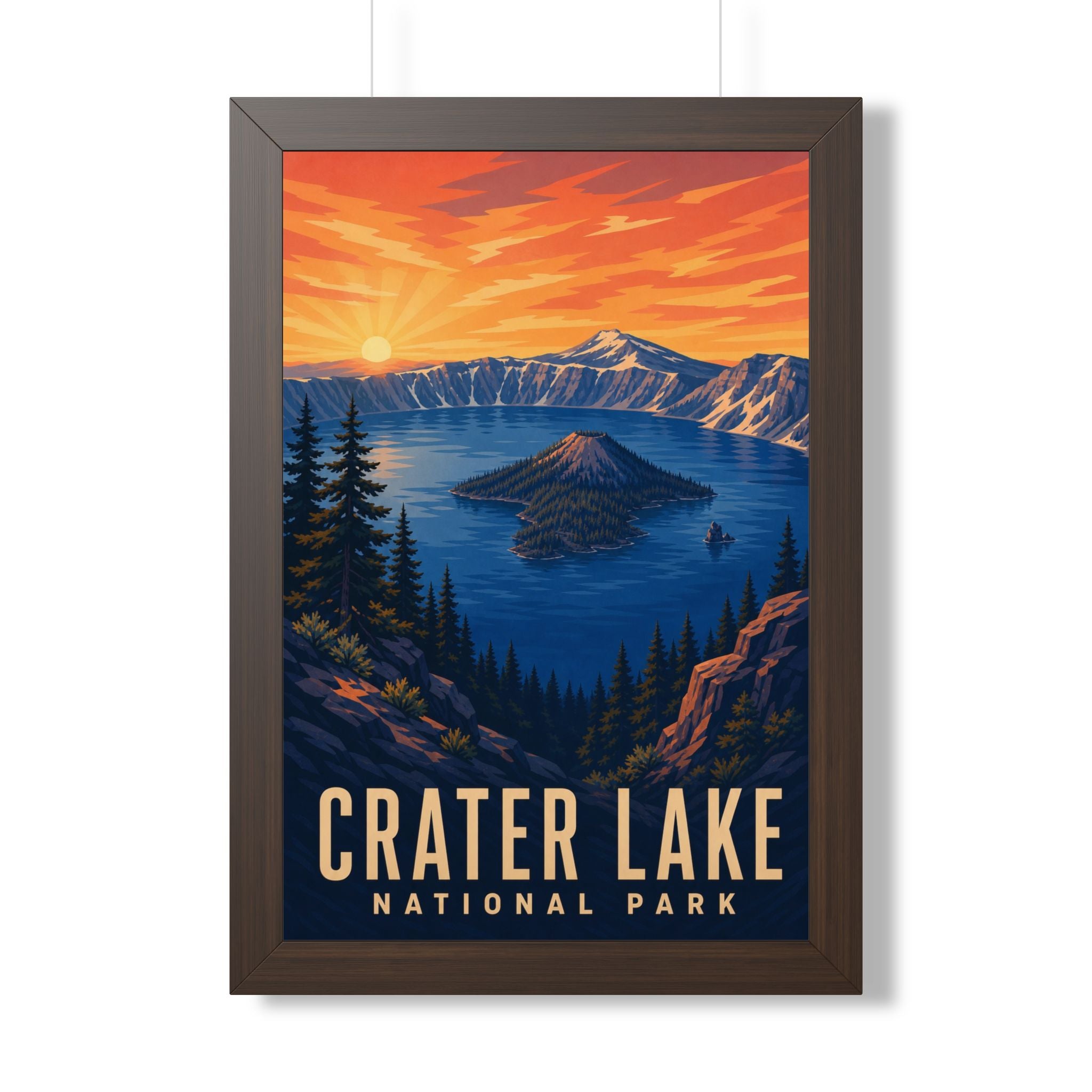 Crater Lake National Park Framed Poster | Vintage Travel Wall Art | Black Walnut White Frame | 16x24 20x30