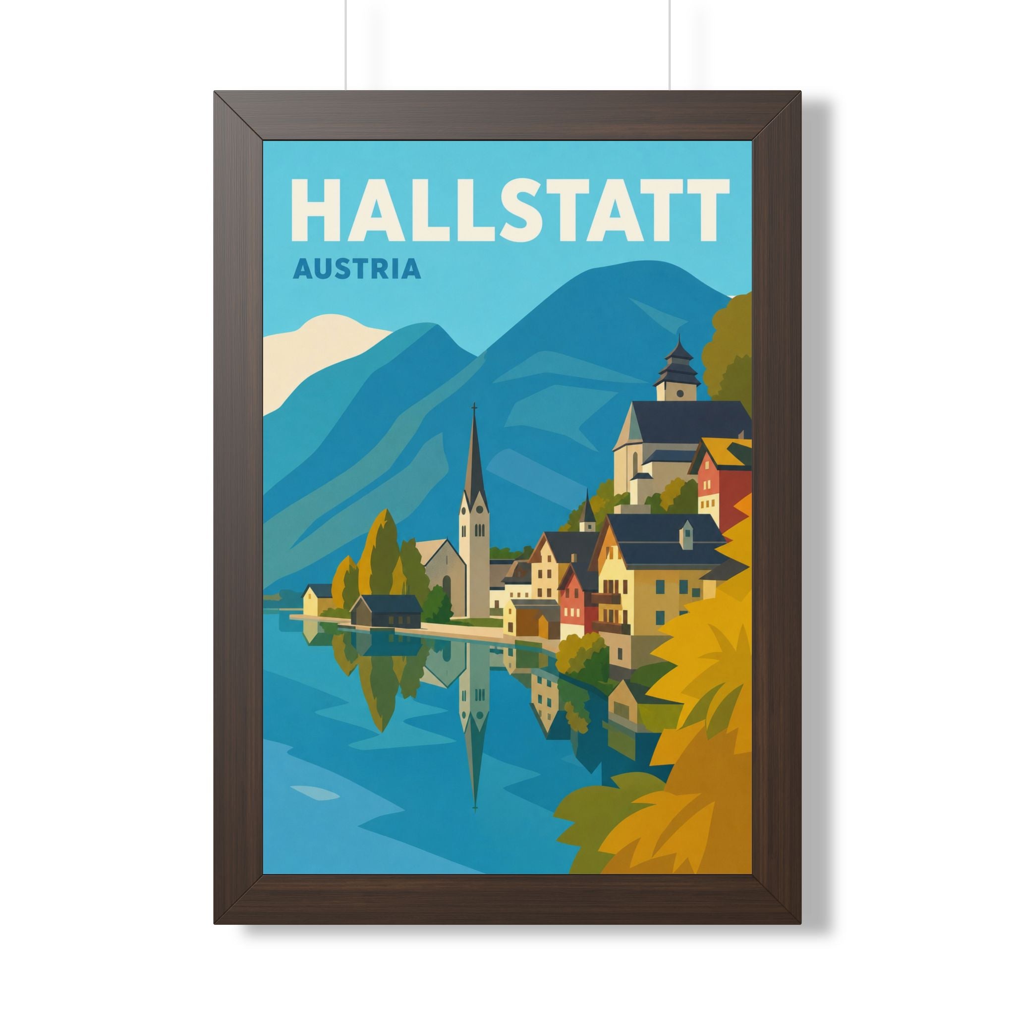 Hallstatt Austria Framed Poster | Vintage Travel Wall Art | Black Walnut White Frame | 16x24 20x30