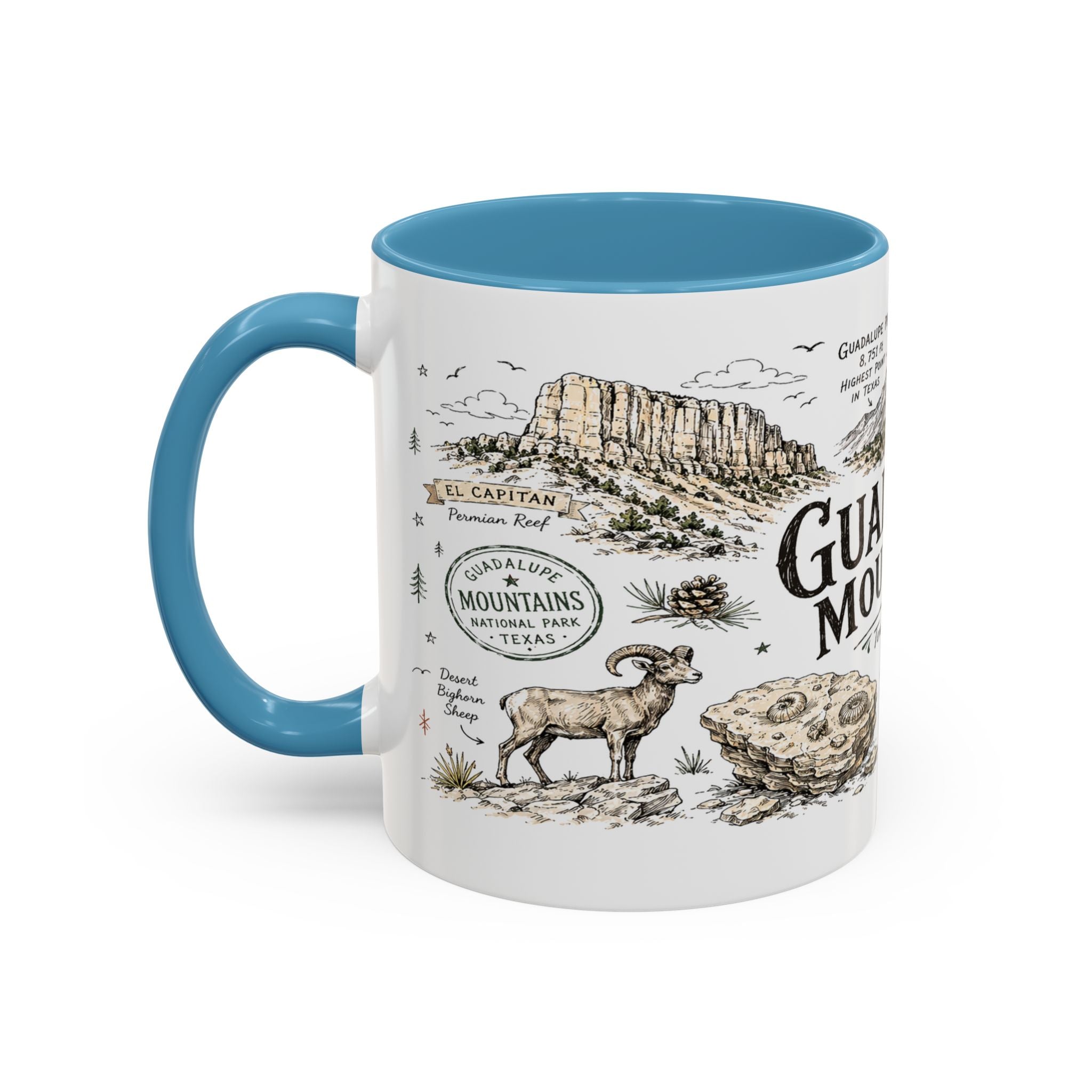 Guadalupe Mountains National Park Coffee Mug | Texas Desert Peaks Hiking Gift | Accent Color Ceramic 11oz 15oz