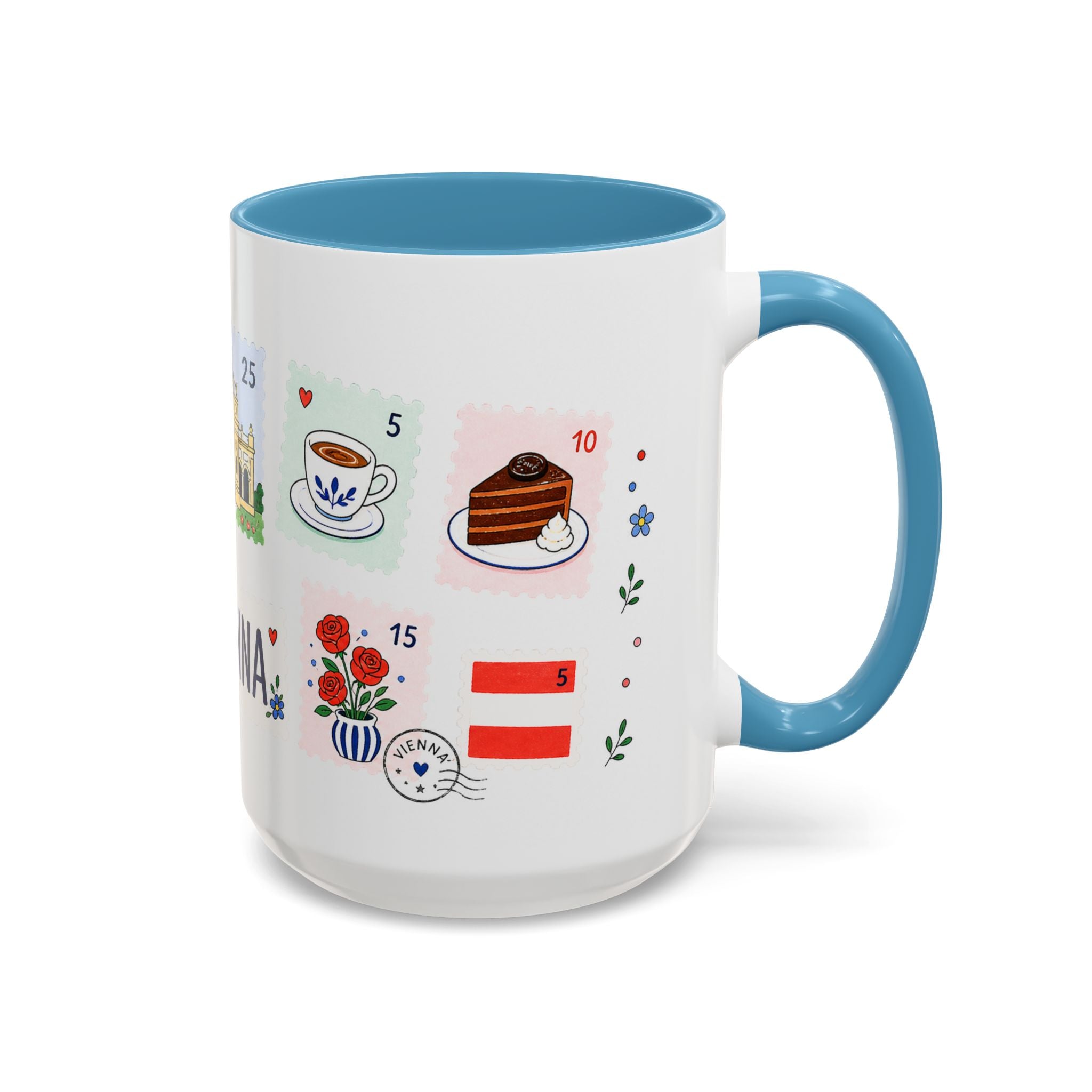 Vienna Coffee Mug | Postage Stamp Collage Mug | Travel Souvenir Accent Cup 11oz 15oz