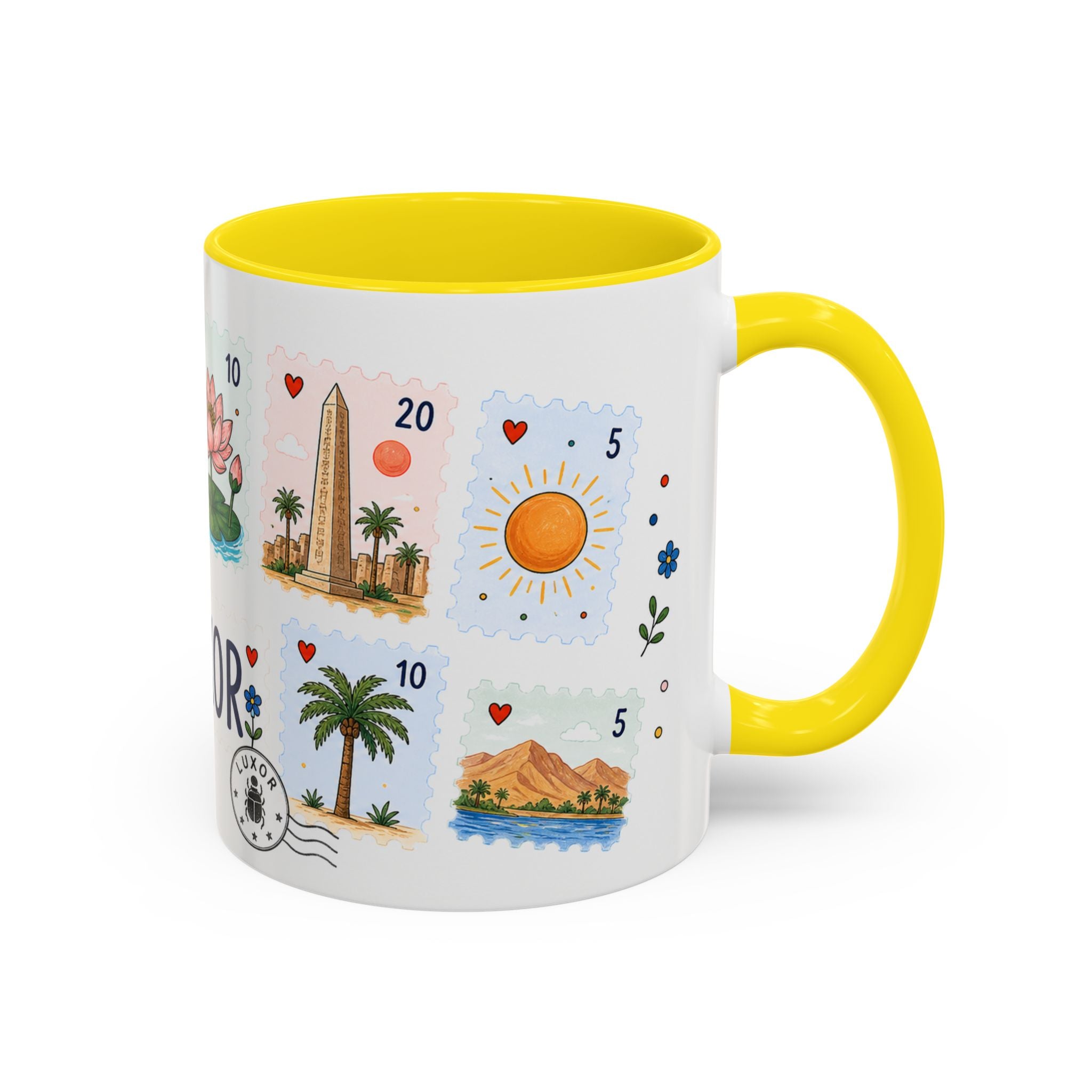 Luxor Coffee Mug | Postage Stamp Collage Mug | Travel Souvenir Accent Cup 11oz 15oz