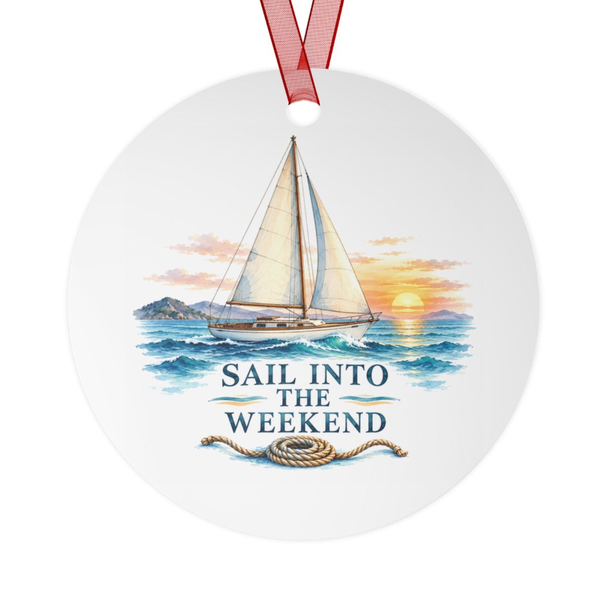 Front view of a round aluminum ornament with sailing artwork.