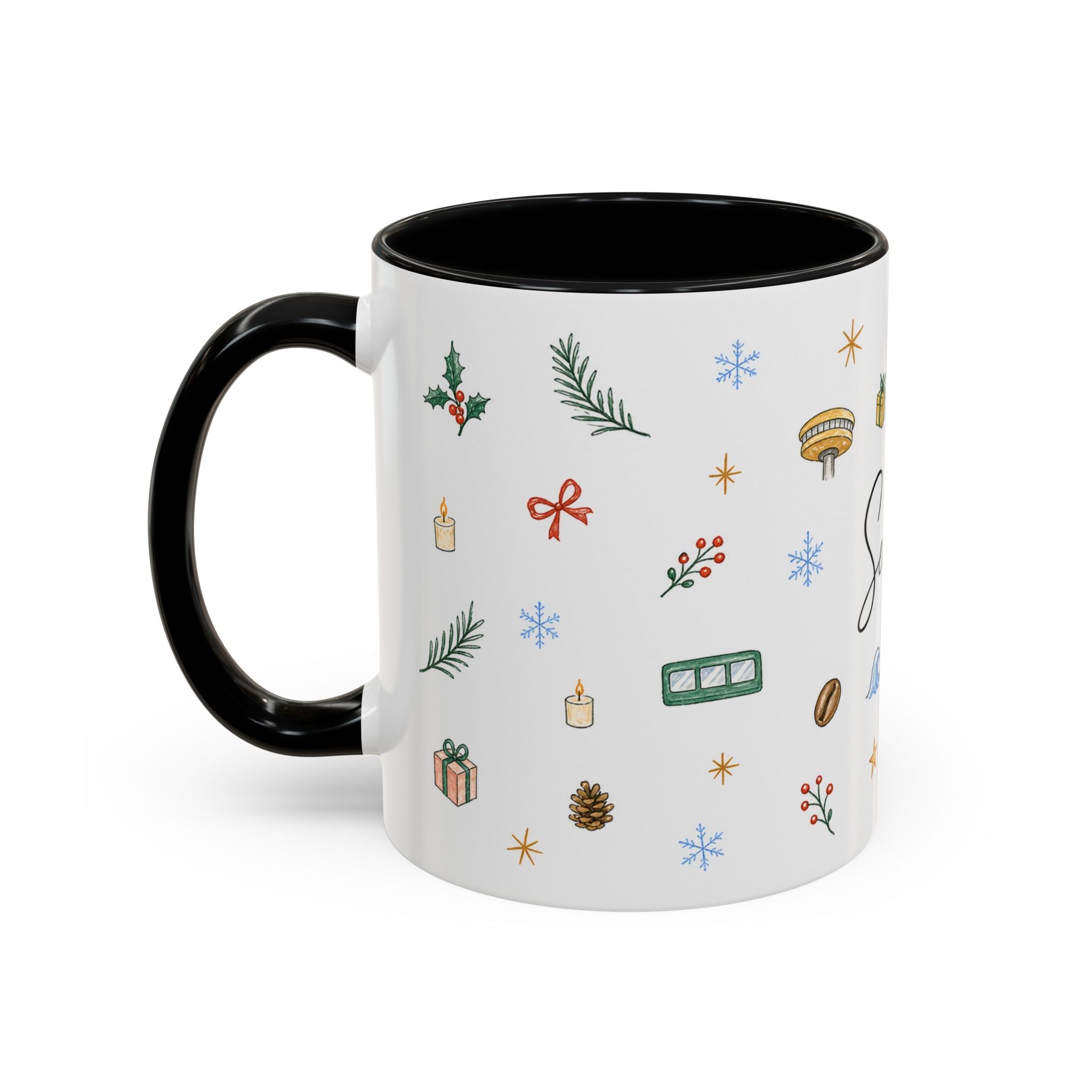 Seattle Christmas Mug | Watercolor Travel Souvenir | Holiday Gift | Accent Ceramic Coffee Cup 11oz 15oz