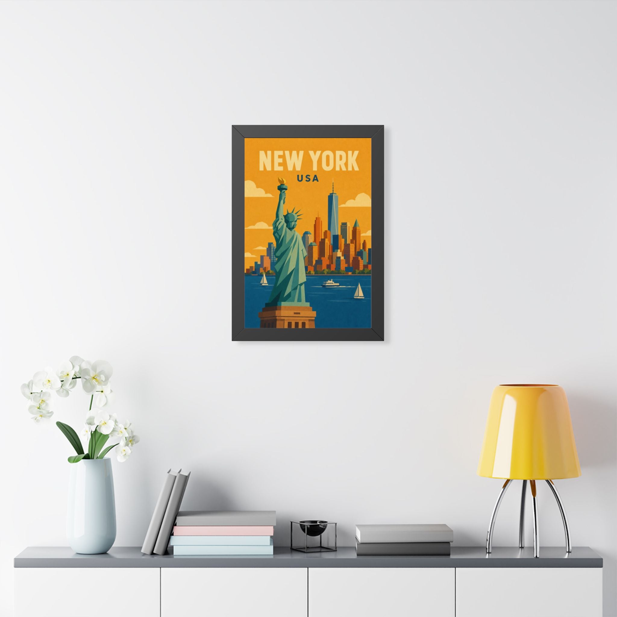 New York Statue of Liberty United States Framed Poster | Vintage Travel Wall Art | Black Walnut White Frame | 16x24 20x30