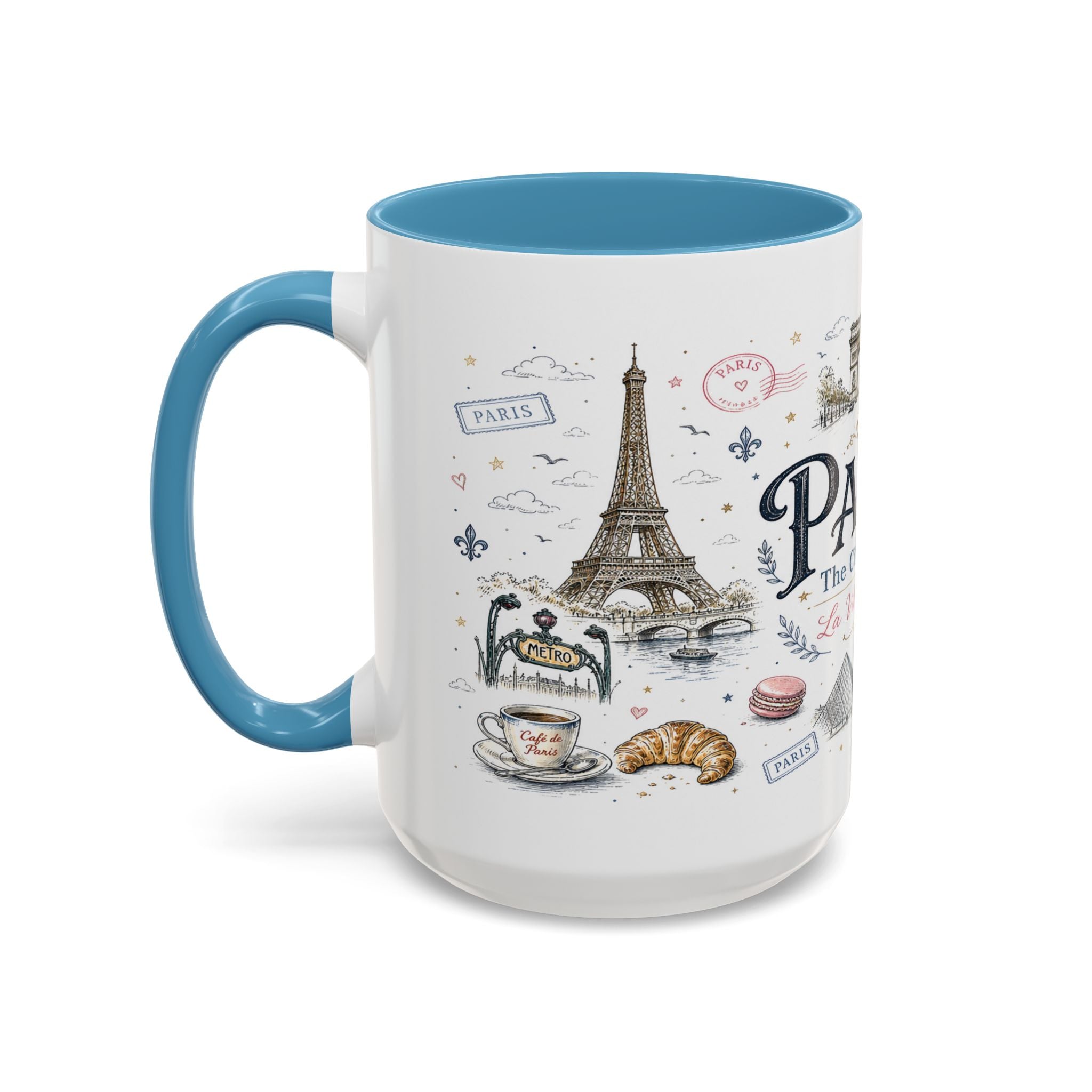 Paris Coffee Mug | France Souvenir Travel Gift | Accent Color Ceramic 11oz 15oz