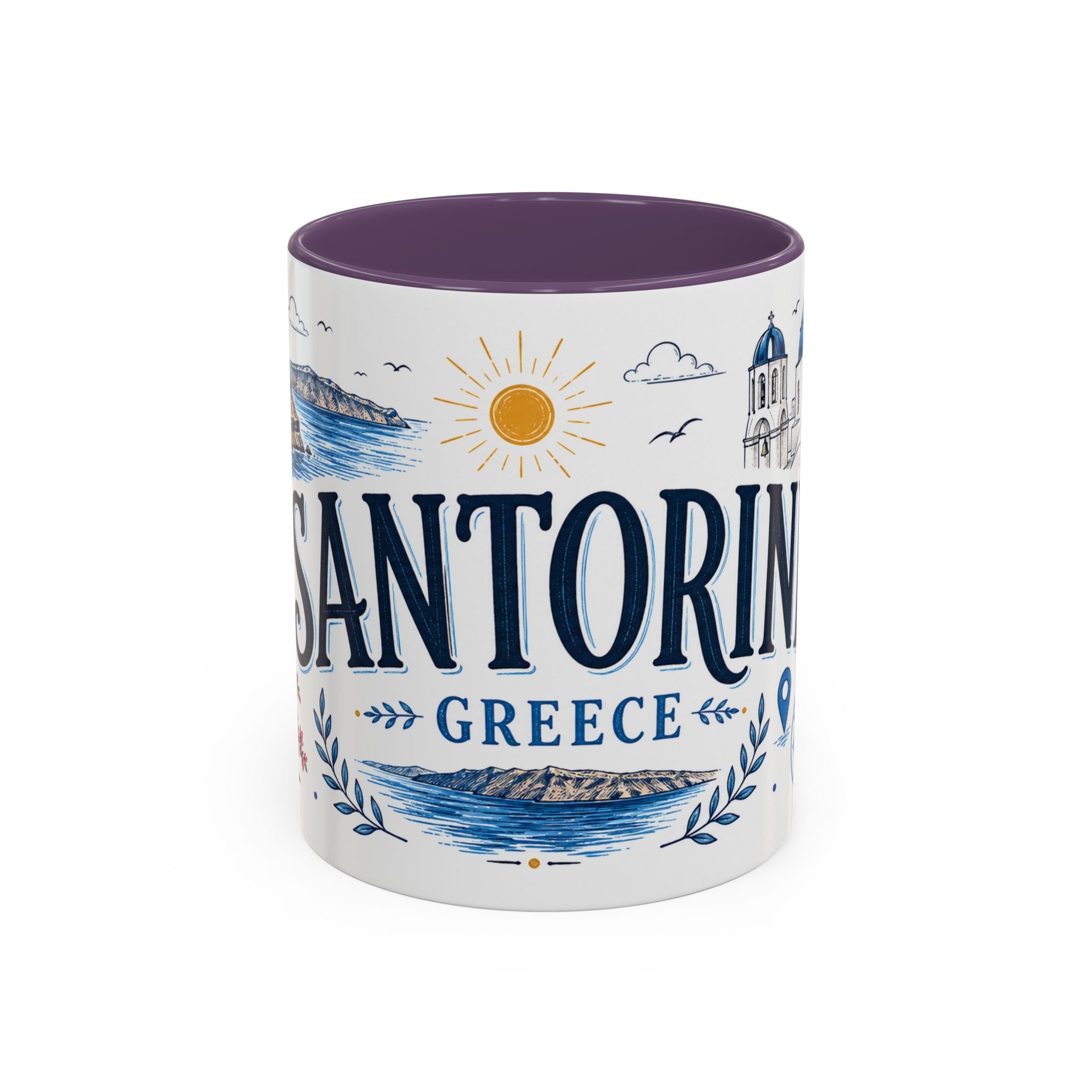 Santorini Coffee Mug | Travel Destination Souvenir Gift | Accent Color Ceramic 11oz 15oz