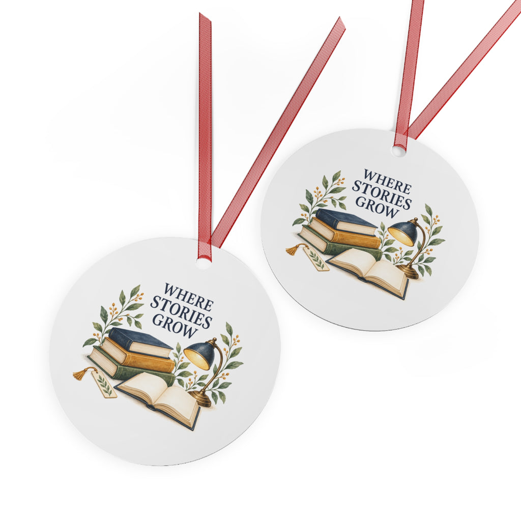 Front and back views of the double-sided round ornament with reading teacher artwork.