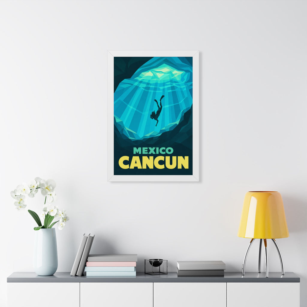 Cancún Cenote Mexico Framed Poster | Vintage Travel Wall Art | Black Walnut White Frame | 16x24 20x30