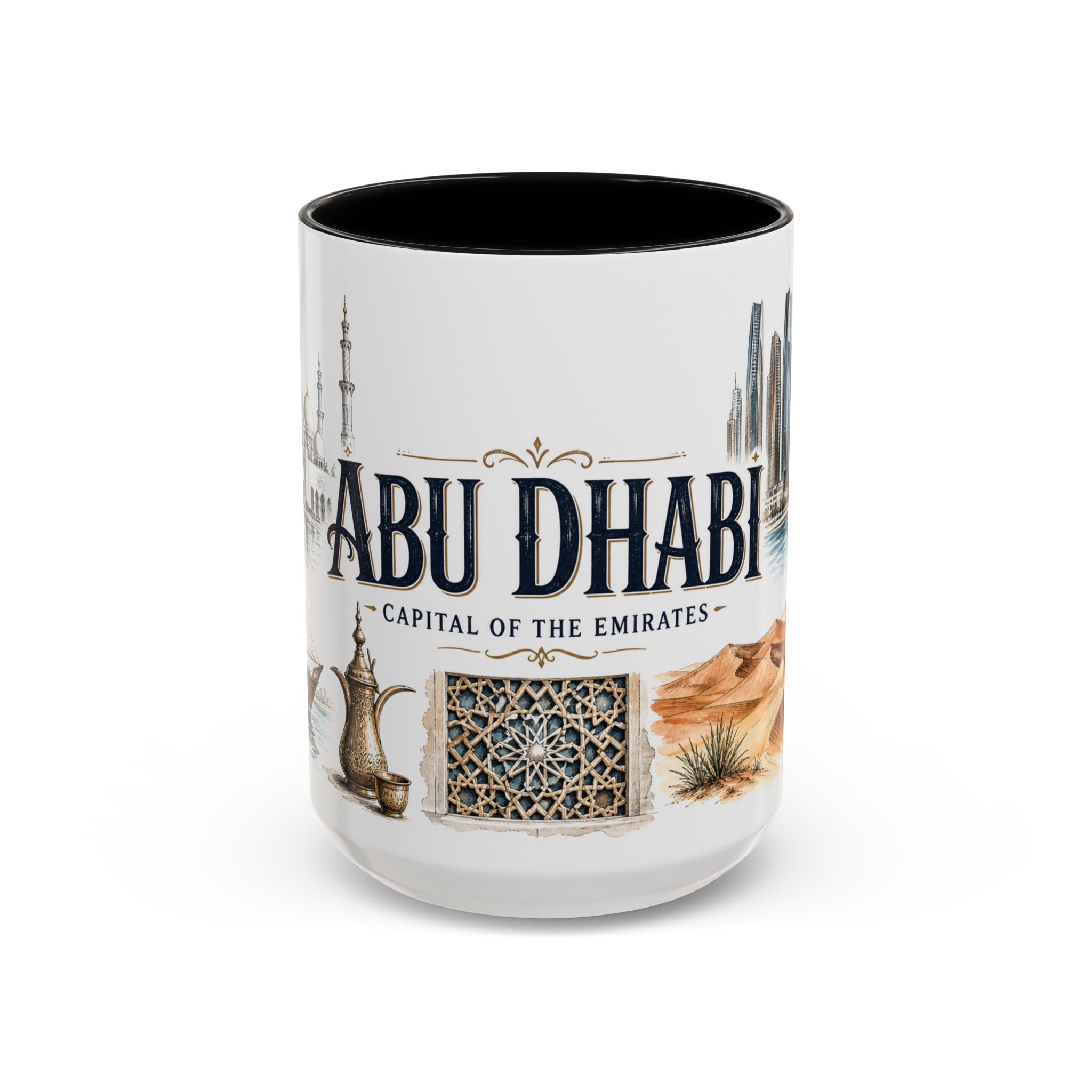 Abu Dhabi Coffee Mug | United Arab Emirates Travel Souvenir | Vintage Illustrated City Gift | 11 oz 15 oz Accent Mug