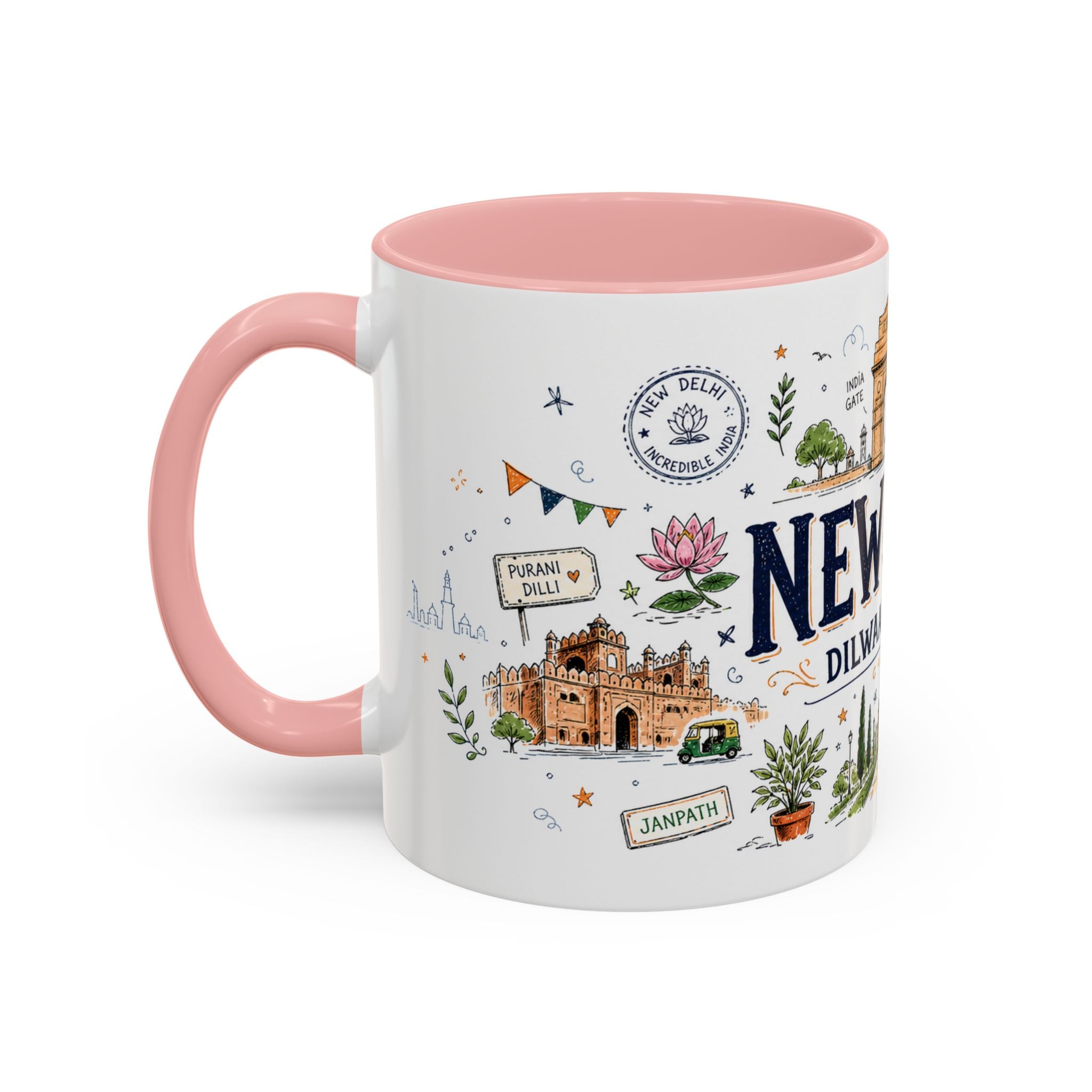 New Delhi Coffee Mug | India Souvenir Travel Gift | Accent Color Ceramic 11oz 15oz