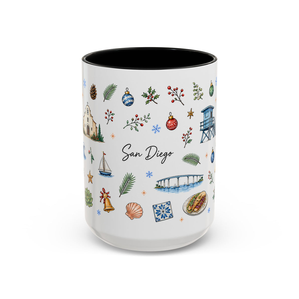 San Diego Christmas Mug | Watercolor City Souvenir, Holiday Travel Gift (11oz/15oz)