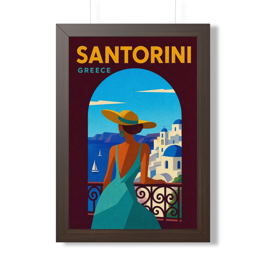 Santorini Greece Framed Poster | Vintage Travel Wall Art | Black Walnut White Frame | 16x24 20x30