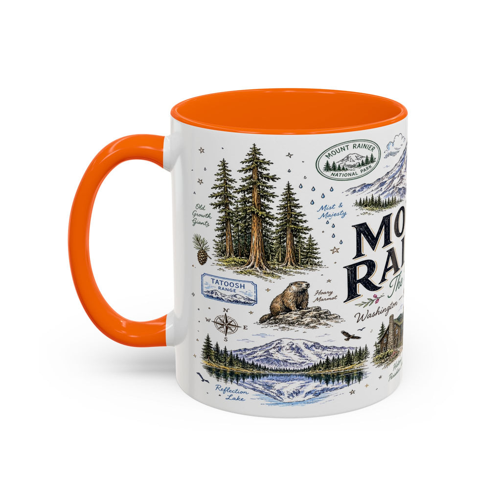 Mount Rainier Coffee Mug | National Park Hiking Washington Gift | Accent Color Ceramic 11oz 15oz